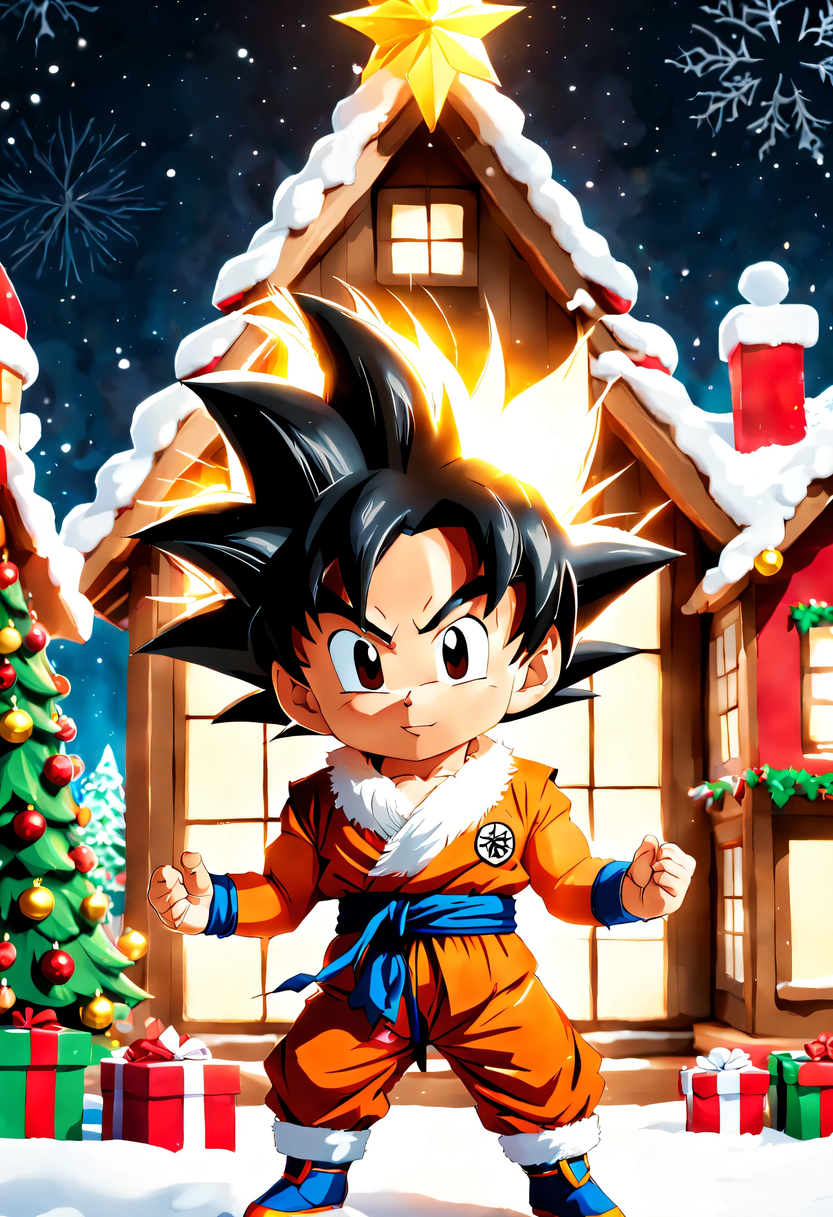 Incredible quality in 4K resolution, chibi style with Christmas elements. | ((Goku, transformed into Super Saiyan)), takes on an adorable chibi style while wearing Santa Claus's outfit. He is at the entrance of Santa's festively decorated house, holding a bag of presents. Christmas effects, such as bright lights, garlands, and snowflakes, create a charming atmosphere. | The camera highlights Goku's animated expression as he radiates joy while distributing gifts. The chibi style adds a touch of cuteness to the scene, perfectly balancing the Christmas character and Goku's power. | Composition that emphasizes the Christmas atmosphere, using lighting effects to enhance the magical elements. Careful details in Santa's house and Goku's relaxed posture. | Lovely scene of Chibi Goku, in chibi and Super Saiyan mode, spreading Christmas joy in front of Santa's house. | He is adopting a ((dynamic pose as interacts, boldly leaning on a large structure, leaning back in a dynamic way):1.3), ((full body)), perfect hand, fingers, hand, perfect, better_hands, Big, More Detail.