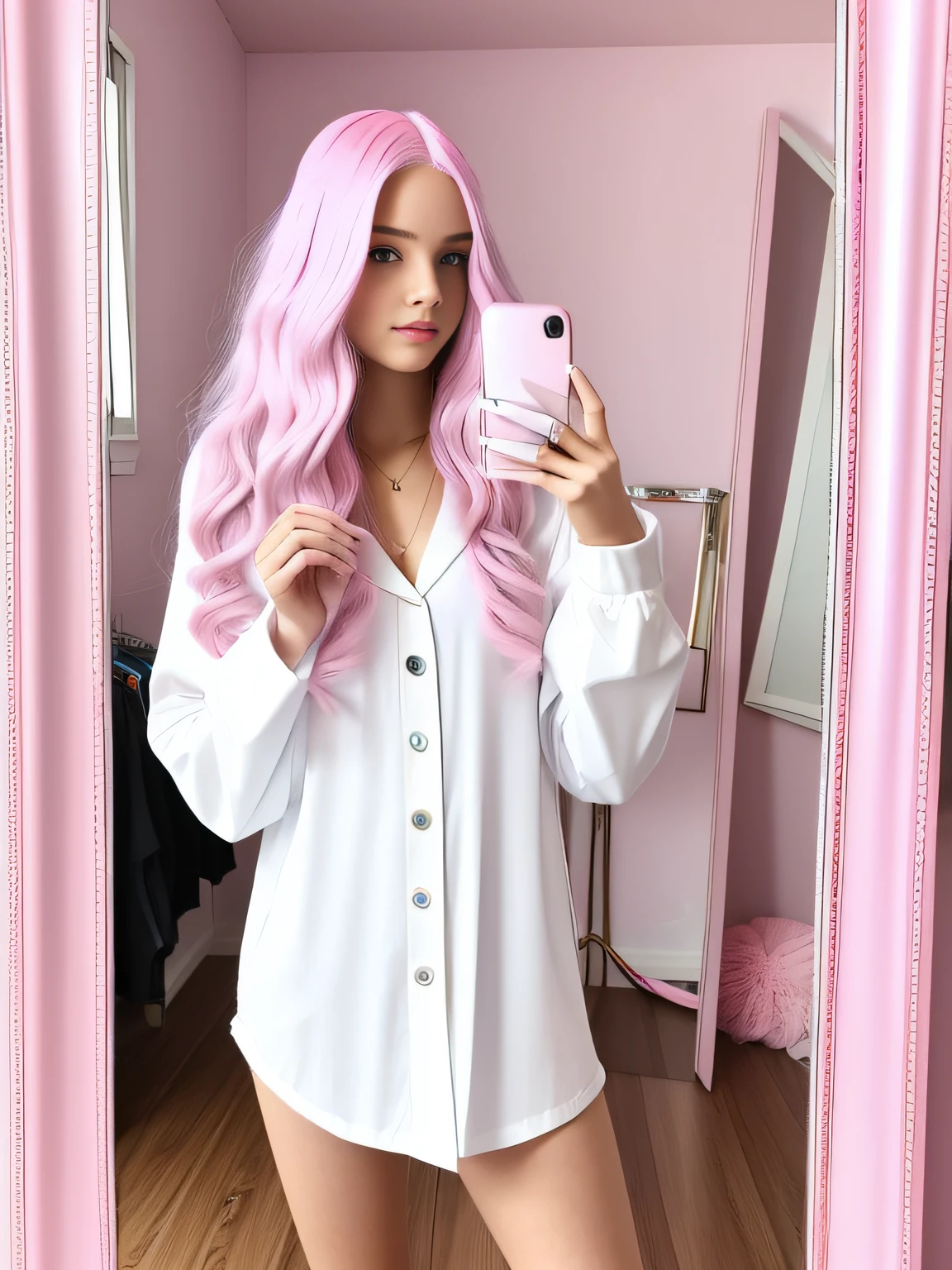 Modelo de 18 anos, ela tem longos cabelos rosa claro. the ends of her hair are bright pink, her eyes are blue, she is wearing a white suit and a light pink top taking a selfie in front of the mirror in her room, com seu celular iPhone 7 rosa.
