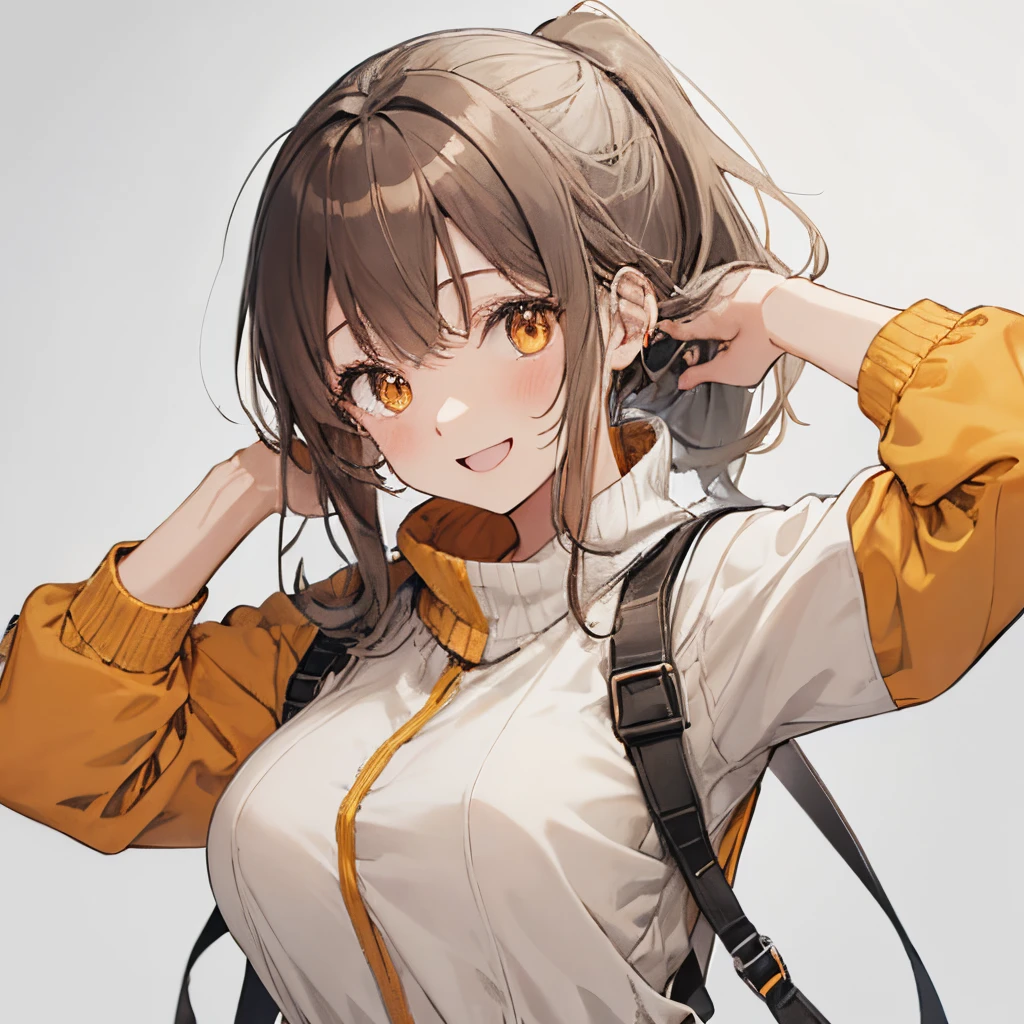 【Highest Quality, masutepiece】 [girl, Manteau, expressioness,deep orange eyes, front facing,dark brown hair,long ponytail hair,yellow knit cloth, Upper body] (Gray white background:1.2),very happy smile,boobs,