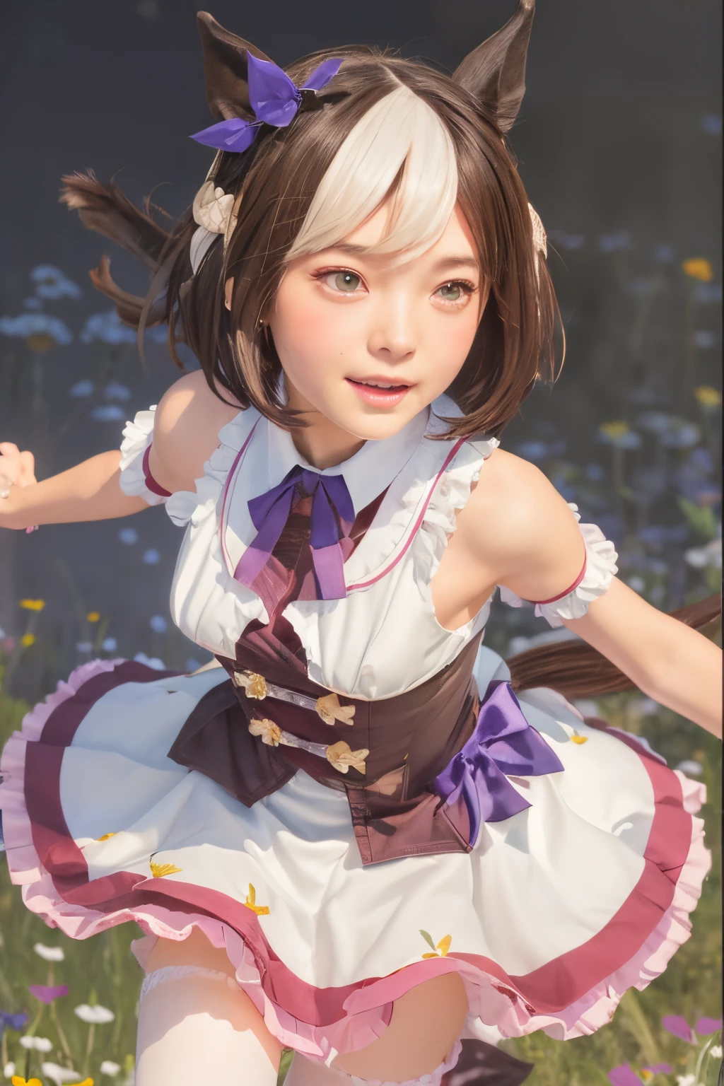 top-quality, 8K, ultra-detailliert, Photorealsitic, special_week_\(Umamusume)、bow ribbon、bow ribbon、bow ribbon、corsets、Fluffy breasts、nursing、toppless、teats、The upper part of the body、(Refers to the viewer:1.3)、Happiness、(meadow background:1.3), Frolicking, short-hair, (Horse tail:1.4)