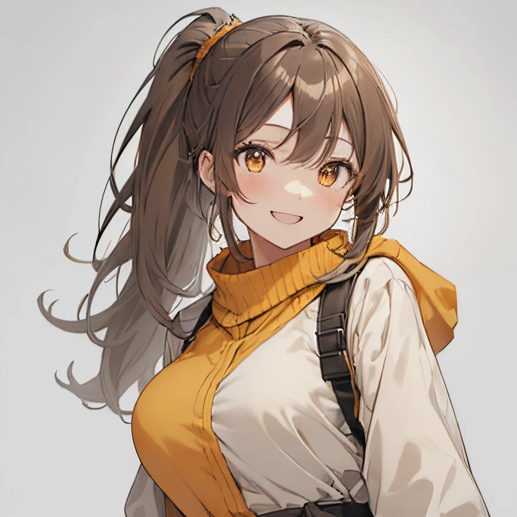 【Highest Quality, masutepiece】 [girl, Manteau, expressioness,deep orange eyes, front facing,dark brown hair,long ponytail hair,yellow knit cloth, Upper body] (Gray white background:1.2),very happy smile,boobs,