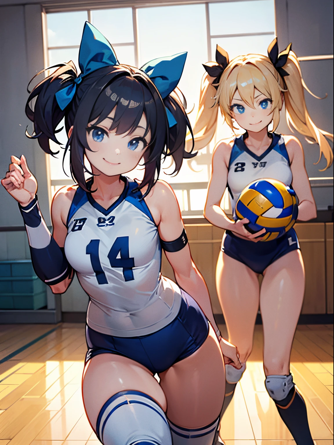 unity 8k wallpaper, anatomically correct, (((masterpiece))), (((best quality))), (((ultra detailed))), (((high-resolution))), ((super fine illustration)), ((Ultimate cutie)), detailed beautiful face, shiny hair, 18 years old, (potbelly), (curvy), medium breasts, ((Thick thighs)), sleeveless volleyball uniform, ((buruma)), ((knee pad)), (elbow pad), ((hold volleyball)), ((hold a 6-inch volleyball)), cowboy shot, in volleyball court, in school gymnasium, 
BREAK, 2girls_A_and_B, A girl_have_{{blond twintails}}_{hair bow}_hotpink eyes_{{happy}}_{smile}, 
BREAK, B girl_have_{black short hair}_ {hair bow}_{{{blue eyes}}}_{{{smirk}}}