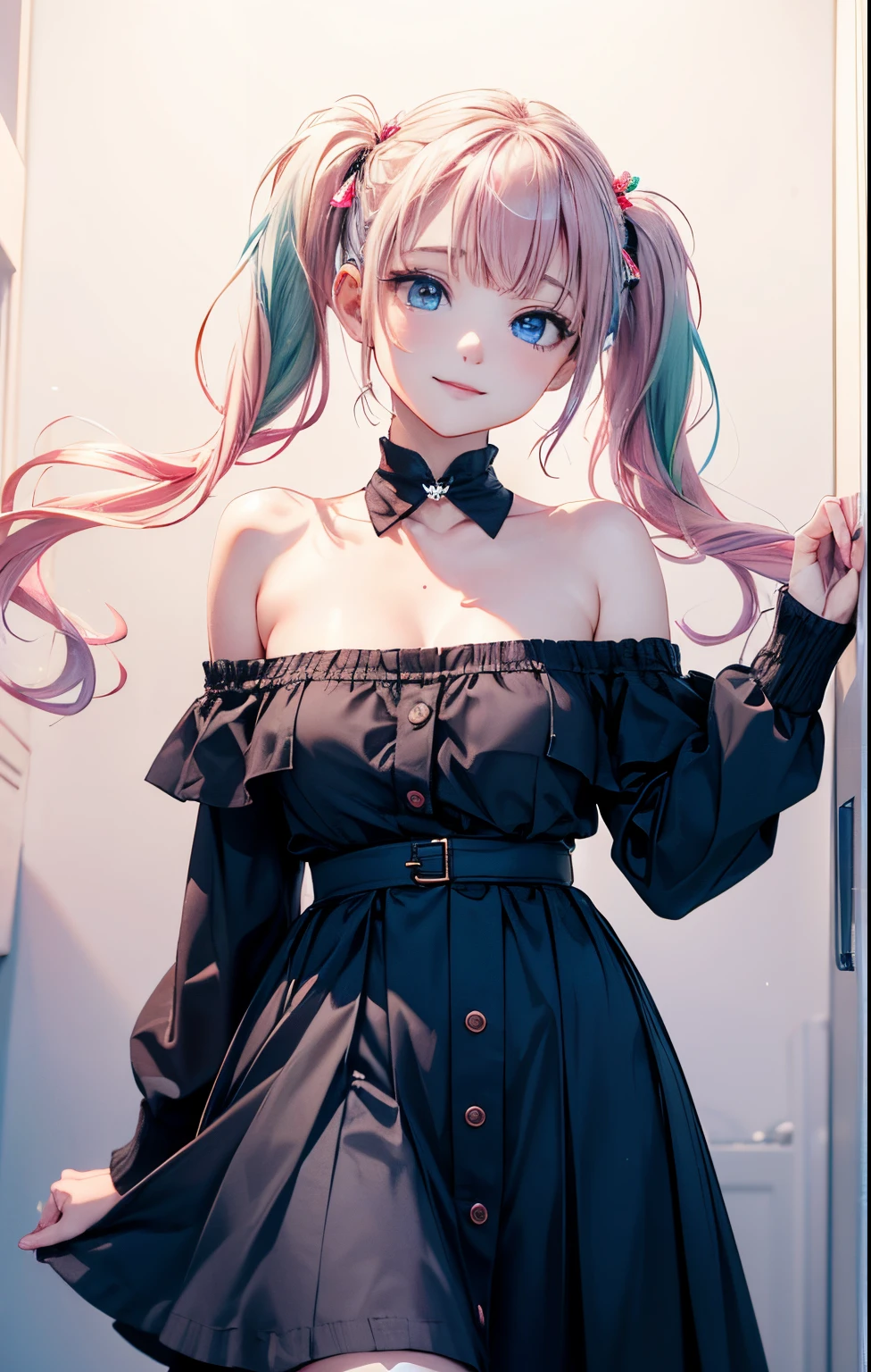 (masterpiece),(top-quality:1.2),1girl in,(masuter piece:1.3),exquisitedetails, Highest quality 8K resolution, Ultra-detailed, Realistic, Vibrant colors, Soft tones, With warm and gentle lighting,(Black Off-Shoulder Knit:1.3),(Long skirt in green:1.5,) ((short twintails:1.5)), (Pink hair:1.3), (Hair parted in the middle:1.3),(Glowing hair),(Dark blue eyes:1.3), Colossal tits, White skin, hair clips, Ever since I was a child, I was always looking at distant scenery., and I can still see the color, displayed on a pure white wall, i'i'i'I'll take you away with the cool breeze, very sweet honey, Grasp the never-ending dream with both hands and start running, i'i'i'I'm a little crazy on the road, Waiting for, Always for the sunrise, Anytime(Or my dream)
I want to melt into your sweetness, Sweet smile.fate grabs me, I'm in a daze, But it looks casual.That place is calling.