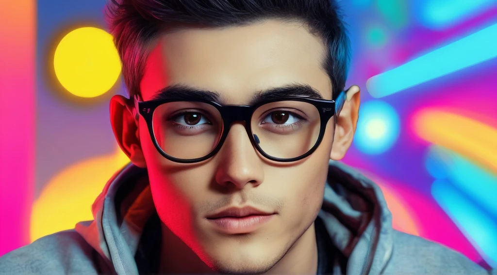 Create image of 23 year old man wearing glasses with neon background image for profile photo