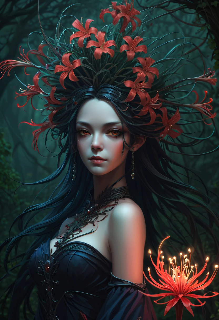 The vines weave into a girl,plant witch，Vine Queen，Witch of Thorns，(Lycoris close-up:1.5)，Flower of the other shore is charming，Mysterious Manzhu Shahua，Bloody ghost flowers blooming at the gate of hell，Leading the soul to the afterlife，Evil charm，Flirtatious，Excellent，witch womloy iron flower，Alloy vines are woven into a magical girl,Magical girl has iron flowers on her head，heavy metal style，metal art，flower made of iron，iron leaf，Full metallic luster，Metal texture in the post-industrial era，Crafts made from twisted alloy wire，gold flowers，Iron flower，Silver flower，metal tree branch，a crystal pendant，Emerald inlay，Carefully crafted，Perfect craftsmanship，Magic lightning background，blue lightning，There are fairies，dark fantasy style art, dark flower shaman, dark fantasy concept art, bloodborne concept art, dark concept art, Bloody ghost flower, Diablo digital concept art, dark fantasy art style, Dark flowers, 🌺 Computer Graphics Association, bloodborne art, tmasterpiece，art  stations，ultra-realistic realism，plant witch，Vine Queen，Witch of Thorns，photorealistic dark concept art, Concept film, Reuven Tan，Painting of woman weaving vines standing in front of devil, goddess of death, author：heroes, beautiful death goddess, beautiful elegant demon queen, dark fantasy style art, portrait of death, onmyoji detailed art, Persephone as the goddess of death, beautiful necromancer, Ominous fantasy illustration