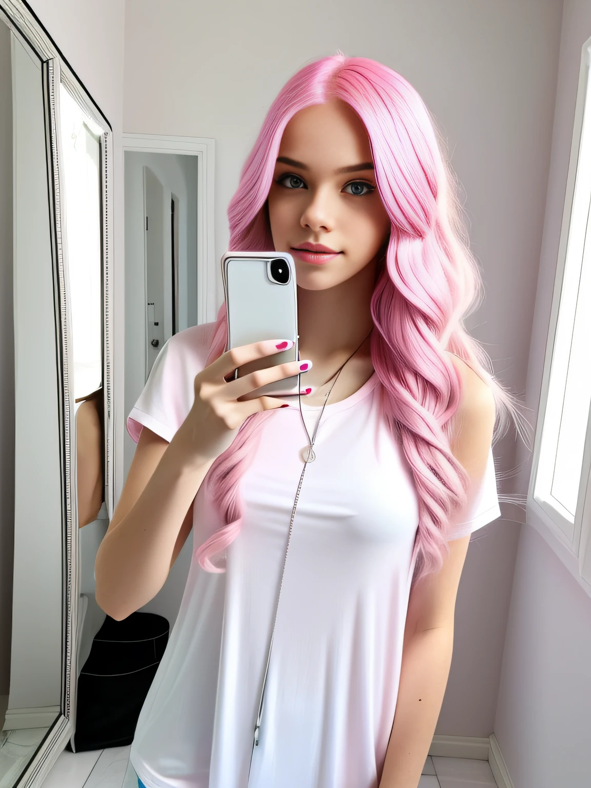 Modelo de 18 anos, ela tem cabelo rosa claro longo e brilhante, olhos azuis, she is wearing a white blouse and a light pink top in the bathroom taking a selfie in front of the mirror in her room, com seu celular iPhone 7 rosa.