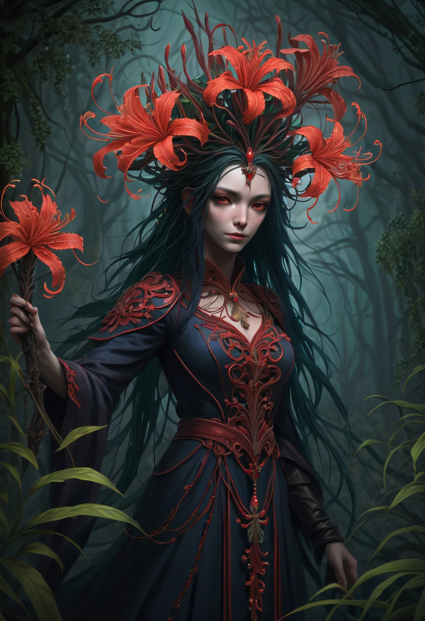 The vines weave into a girl,plant witch，Vine Queen，Witch of Thorns，(Lycoris close-up:1.5)，Flower of the other shore is charming，Mysterious Manzhu Shahua，Bloody ghost flowers blooming at the gate of hell，Leading the soul to the afterlife，Evil charm，Flirtatious，Excellent，witch womloy iron flower，Alloy vines are woven into a magical girl,Magical girl has iron flowers on her head，heavy metal style，metal art，flower made of iron，iron leaf，Full metallic luster，Metal texture in the post-industrial era，Crafts made from twisted alloy wire，gold flowers，Iron flower，Silver flower，metal tree branch，a crystal pendant，Emerald inlay，Carefully crafted，Perfect craftsmanship，Magic lightning background，blue lightning，There are fairies，dark fantasy style art, dark flower shaman, dark fantasy concept art, bloodborne concept art, dark concept art, Bloody ghost flower, Diablo digital concept art, dark fantasy art style, Dark flowers, 🌺 Computer Graphics Association, bloodborne art, tmasterpiece，art  stations，ultra-realistic realism，plant witch，Vine Queen，Witch of Thorns，photorealistic dark concept art, Concept film, Reuven Tan，Painting of woman weaving vines standing in front of devil, goddess of death, author：heroes, beautiful death goddess, beautiful elegant demon queen, dark fantasy style art, portrait of death, onmyoji detailed art, Persephone as the goddess of death, beautiful necromancer, Ominous fantasy illustration