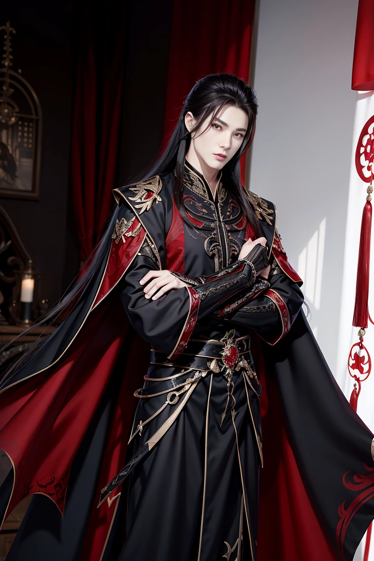 vampire man, Hanfu, Luxurious uniform black clothes，Scapular，（Shooting from front）hold your arm，cabelos preto e longos, red eyes，natta，asian architecture interior，Carved wooden windows，Pink gauze curtain，Best quality，16k,tmasterpiece，