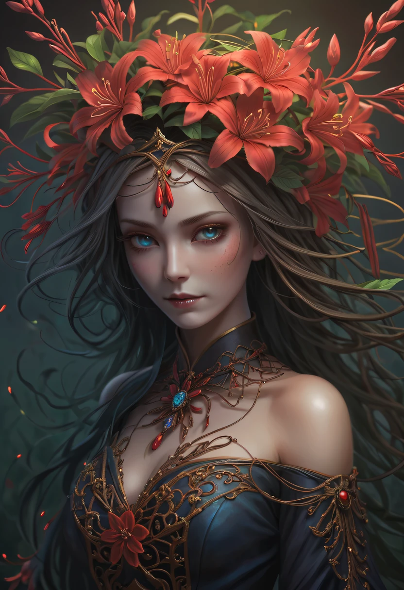(Lycoris close-up:1.5)，Flower of the other shore is charming，Mysterious Manzhu Shahua，Bloody ghost flowers blooming at the gate of hell，Leading the soul to the afterlife，Evil charm，Flirtatious，Excellent，witch womloy iron flower，Alloy vines are woven into a magical girl,Magical girl has iron flowers on her head，heavy metal style，metal art，flower made of iron，iron leaf，Full metallic luster，Metal texture in the post-industrial era，Crafts made from twisted alloy wire，gold flowers，Iron flower，Silver flower，metal tree branch，a crystal pendant，Emerald inlay，Carefully crafted，Perfect craftsmanship，Magic lightning background，blue lightning，There are fairies，dark fantasy style art, dark flower shaman, dark fantasy concept art, bloodborne concept art, dark concept art, Bloody ghost flower, Diablo digital concept art, dark fantasy art style, Dark flowers, 🌺 Computer Graphics Association, bloodborne art, tmasterpiece，art  stations，ultra-realistic realism，plant witch，Vine Queen，Witch of Thorns，photorealistic dark concept art, Concept film, Reuven Tan，Painting of a woman weaving vines standing in front of the devil, goddess of death, author：heroes, beautiful death goddess, beautiful elegant demon queen, dark fantasy style art, portrait of death, onmyoji detailed art, Persephone as the goddess of death, beautiful necromancer, Ominous fantasy illustration