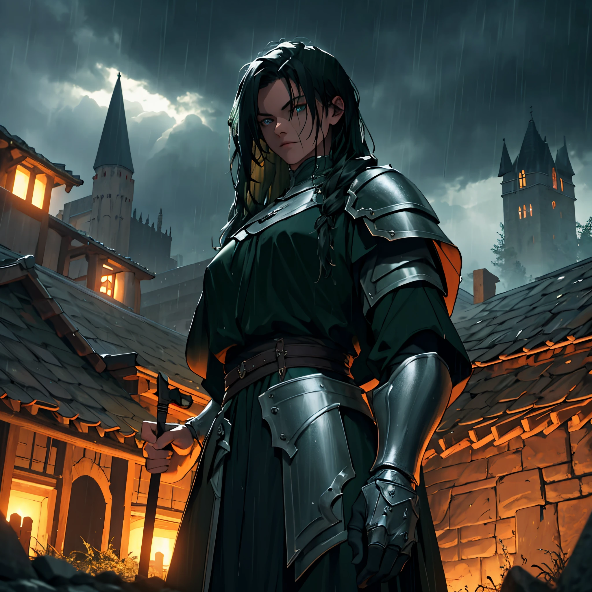 masterpiece, Best Quality, person upper body, detailed, 4k, Cinematics, Background with: Inside the illuminated medieval village in front of the medieval castle on a rainy night, dark clouds, thunderstorm, black knight in black steel armor (Woman with dark green straight hair)