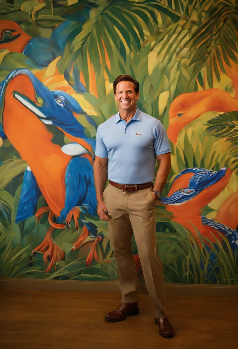 A photo of Ron Desantis wearing a Florida Gators polo shirt and khakis, posing in front of a vibrant and colorful mural of Florida wildlife and landscapes.,original,He wears subtle lifts hidden in his boots. His attire is meticulously conservative, with a suit that’s just a tad too snug. His hair is neatly combed, each strand seemingly in a fixed position, complementing his ever-present, self-assured grin that suggests he’s in on a joke no one else understands., male