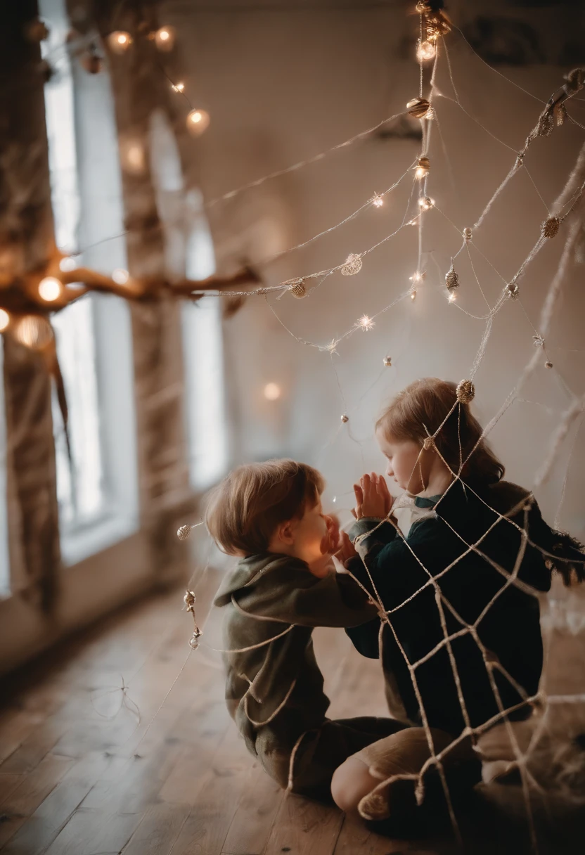 Stretch a spider web-like rope、Christmas in Ukraine with lots of big glowing spider-shaped ornaments、A boy and a soldier kneel down to their experiences and pray for peace..、arachne、arachne、arachne、glowing spider ornament、
