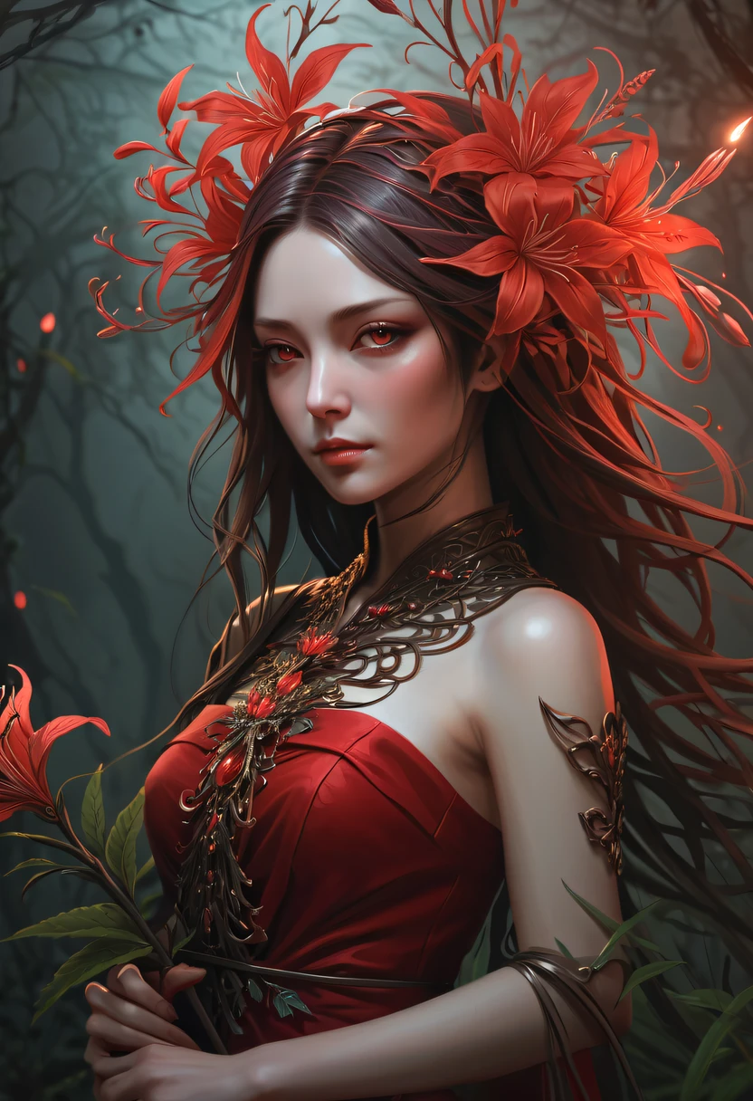 (Lycoris close-up:1.5)，Flower of the other shore is charming，Mysterious Manzhu Shahua，Bloody ghost flowers blooming at the gate of hell，Leading the soul to the afterlife，Evil charm，Flirtatious，Excellent，witch womloy iron flower，Alloy vines are woven into a magical girl,Magical girl has iron flowers on her head，heavy metal style，metal art，flower made of iron，iron leaf，Full metallic luster，Metal texture in the post-industrial era，Crafts made from twisted alloy wire，gold flowers，Iron flower，Silver flower，metal tree branch，a crystal pendant，Emerald inlay，Carefully crafted，Perfect craftsmanship，Magic lightning background，blue lightning，There are fairies，dark fantasy style art, dark flower shaman, dark fantasy concept art, bloodborne concept art, dark concept art, Bloody ghost flower, Diablo digital concept art, dark fantasy art style, Dark flowers, 🌺 Computer Graphics Association, bloodborne art, tmasterpiece，art  stations，ultra-realistic realism，plant witch，Vine Queen，Witch of Thorns，photorealistic dark concept art, Concept film, Reuven Tan，Painting of a woman weaving vines standing in front of the devil, goddess of death, author：heroes, beautiful death goddess, beautiful elegant demon queen, dark fantasy style art, portrait of death, onmyoji detailed art, Persephone as the goddess of death, beautiful necromancer, Ominous fantasy illustration