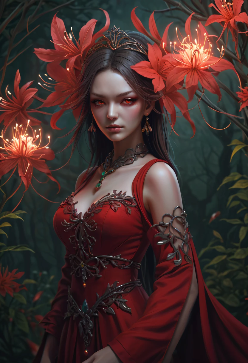 (Lycoris close-up:1.5)，Flower of the other shore is charming，Mysterious Manzhu Shahua，Bloody ghost flowers blooming at the gate of hell，Leading the soul to the afterlife，Evil charm，Flirtatious，Excellent，witch womloy iron flower，Alloy vines are woven into a magical girl,Magical girl has iron flowers on her head，heavy metal style，metal art，flower made of iron，iron leaf，Full metallic luster，Metal texture in the post-industrial era，Crafts made from twisted alloy wire，gold flowers，Iron flower，Silver flower，metal tree branch，a crystal pendant，Emerald inlay，Carefully crafted，Perfect craftsmanship，Magic lightning background，blue lightning，There are fairies，dark fantasy style art, dark flower shaman, dark fantasy concept art, bloodborne concept art, dark concept art, Bloody ghost flower, Diablo digital concept art, dark fantasy art style, Dark flowers, 🌺 Computer Graphics Association, bloodborne art, tmasterpiece，art  stations，ultra-realistic realism，plant witch，Vine Queen，Witch of Thorns，photorealistic dark concept art, Concept film, Reuven Tan，Painting of a woman weaving vines standing in front of the devil, goddess of death, author：heroes, beautiful death goddess, beautiful elegant demon queen, dark fantasy style art, portrait of death, onmyoji detailed art, Persephone as the goddess of death, beautiful necromancer, Ominous fantasy illustration