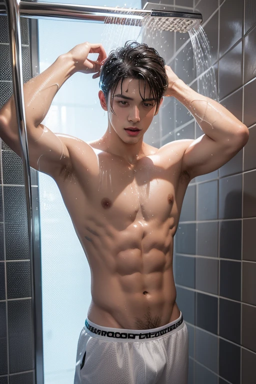 Illustration of a sexy male character taking a shower。