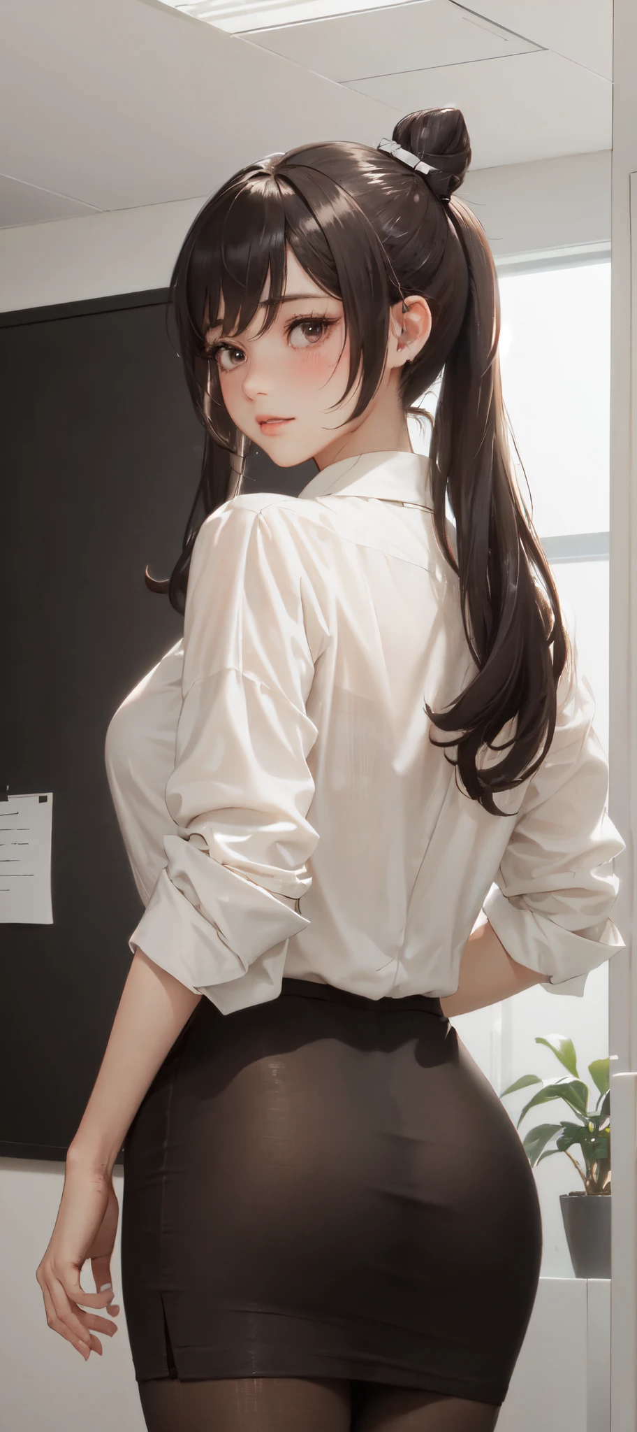 /(modern office indoors/), 1lady solo (looking back from behind), /(casual shirt pencil skirt beige/), /(brown pantyhose/), /(black hair/) bangs, blush, (masterpiece best quality:1.2) ultra-detailed