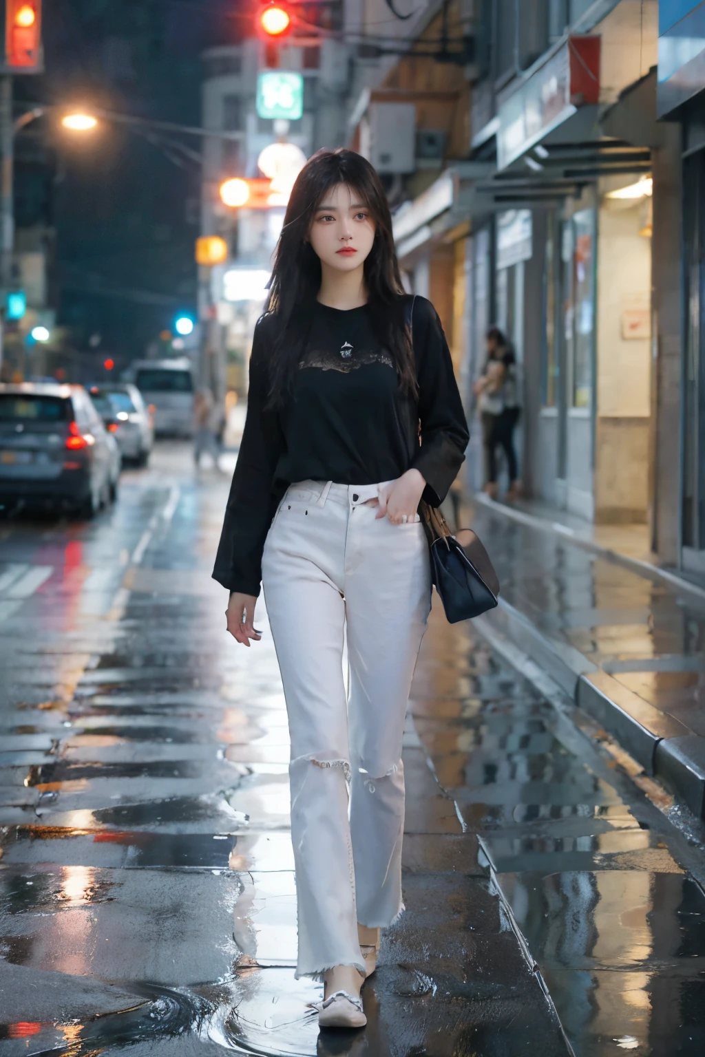 one girl, long black straight hairs, white shirt and blue jeans, walking under the rain, busy street with rim lights