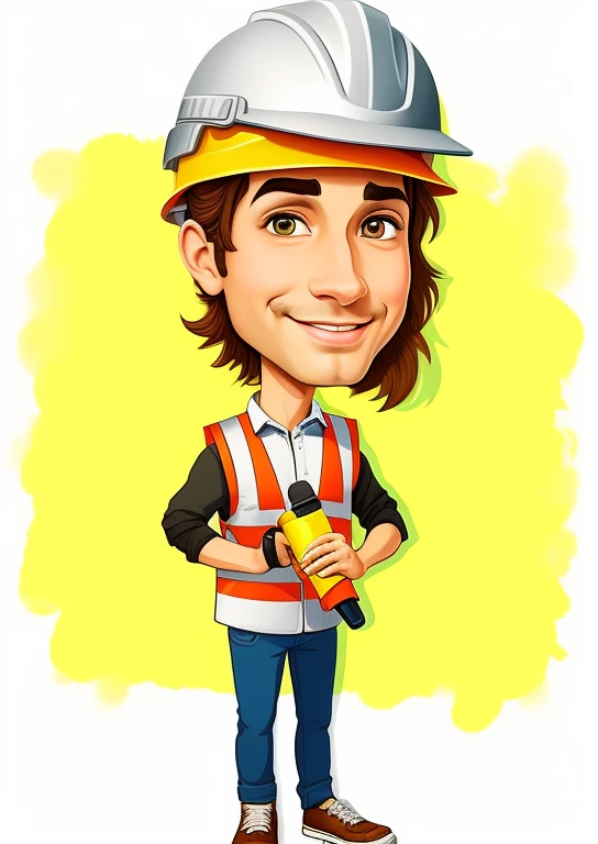 cartoon of a construction worker with a microphone and a helmet, estilo caricatura, caricature illustration, in cartoon style, Alarcon Cartunista, pintado digitalmente, retrato dos desenhos animados, color digital illustration, professional illustration, caricatura!!!, arte digital dos desenhos animados, caricatural, professional illustration, charicatura, pintura digital dos desenhos animados, cartunesco, arte dos desenhos animados