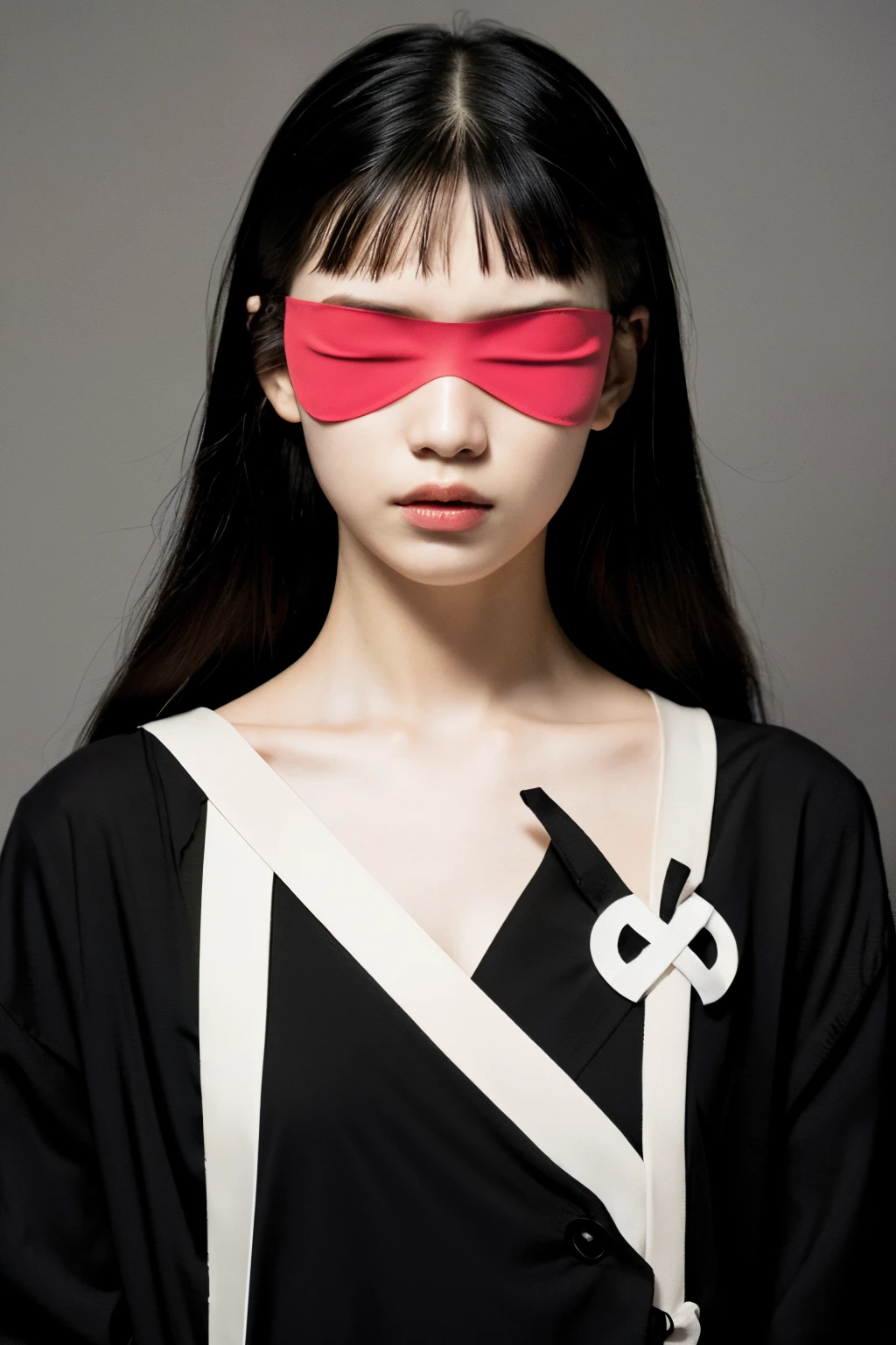 Illustration of a blindfolded skull。A cross is attached to the center of the blindfold.。