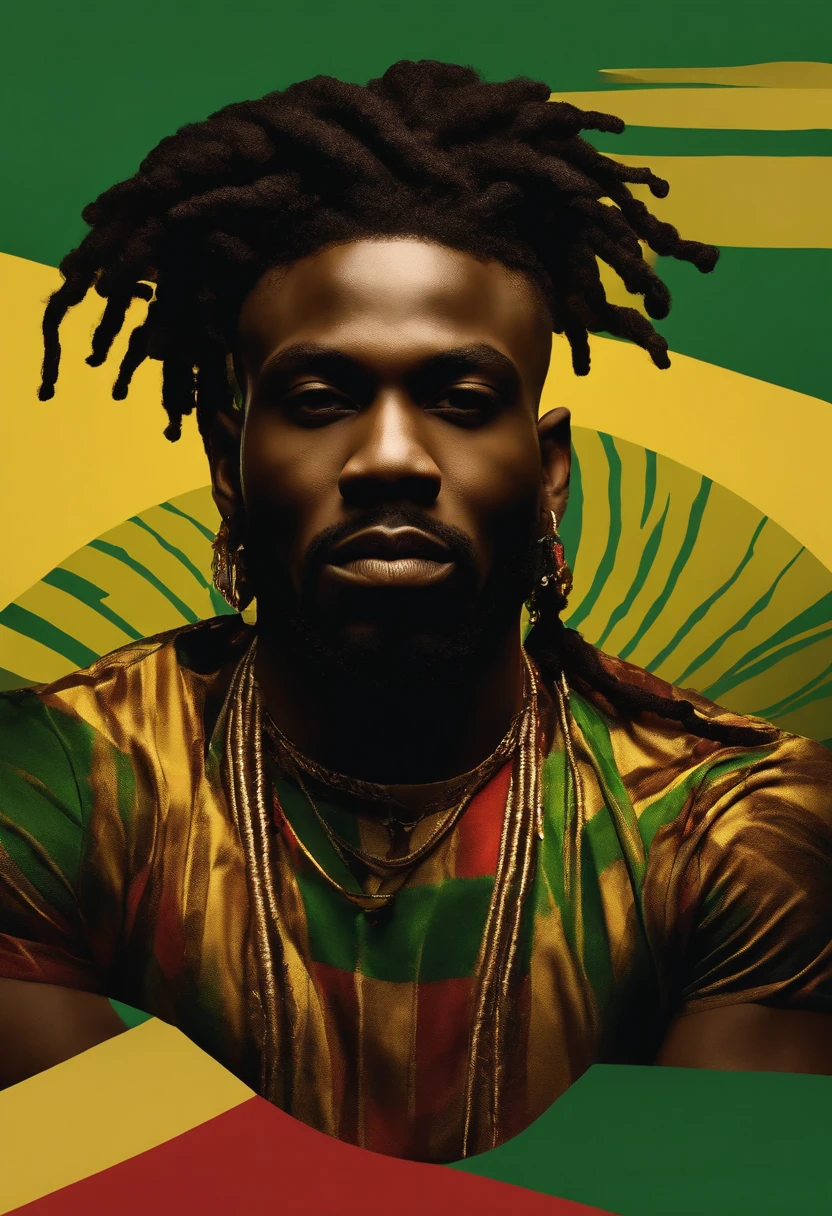 Create a logo with the head of a black man with dreadlocks in black colors, verde, amarelo e vermelho (olhando para a frente) , imagem estilo logomarca , Sober, (fundo preto), Image with resolution of at least 300dpi, UHD 8k, Very high quality for excellent printing. Lighting that highlights the figure in relation to the background, cores do reggae, Estilo da camada de disco