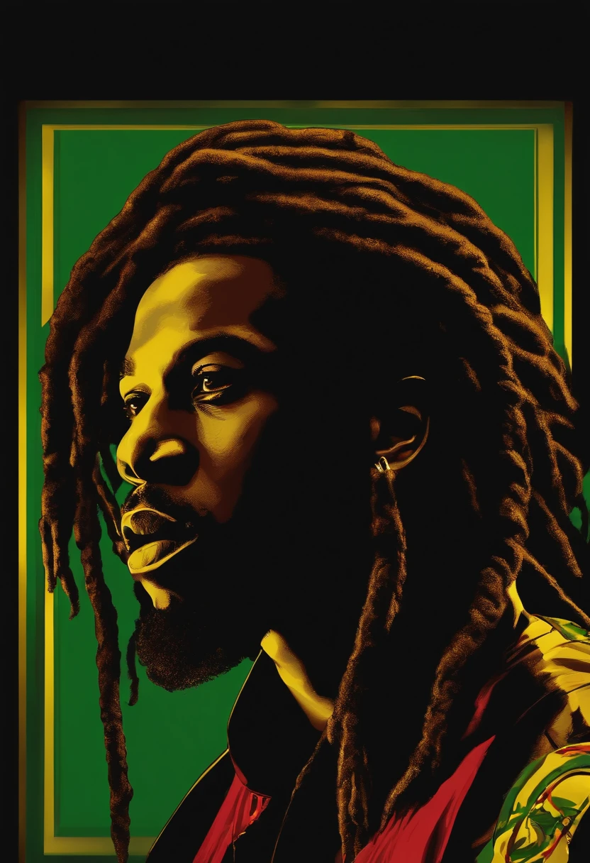 Create a logo with the head of a black man with dreadlocks in black colors, verde, amarelo e vermelho (olhando para a frente) , imagem estilo logomarca , Sober, (fundo preto), Image with resolution of at least 300dpi, UHD 8k, Very high quality for excellent printing. Lighting that highlights the figure in relation to the background, cores do reggae, Estilo da camada de disco