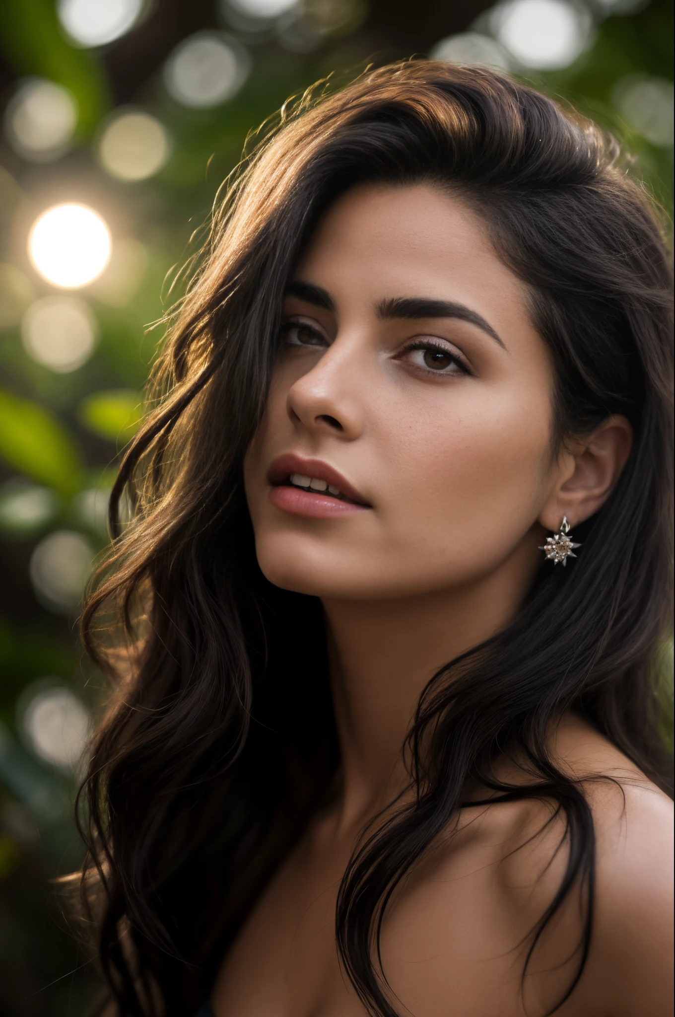 retrato de Uma linda mulher, 40 anos. Da Pele bronzeada, cabocla, longos cabelos pretos, lisos na altura das costas, Fringe of Amazonian India, cocar de penas, olhos ocidentais, cor de mel, peitos a mostra, fofinha torneada, ((bochechas grandes)), tomando banho ao natural, em um /io profundo e com aguas transparentes que mostram a silhueta de sue corpo submerso, just with the head and neck out of the water, entre juncos, (backlit), realista, obra-prima, alta qualidade, brilho, sombra, flor, [[chromatic aberration]], de Jeremy Lipking, de Antonio J. Manzanedo, pintura digital, Brasileira, 8k uhd,, floresta, pedras na margem, rio, madeira, smoke billowing, sombras, contraste, clear sky, estilo , (matiz quente, tom quente)