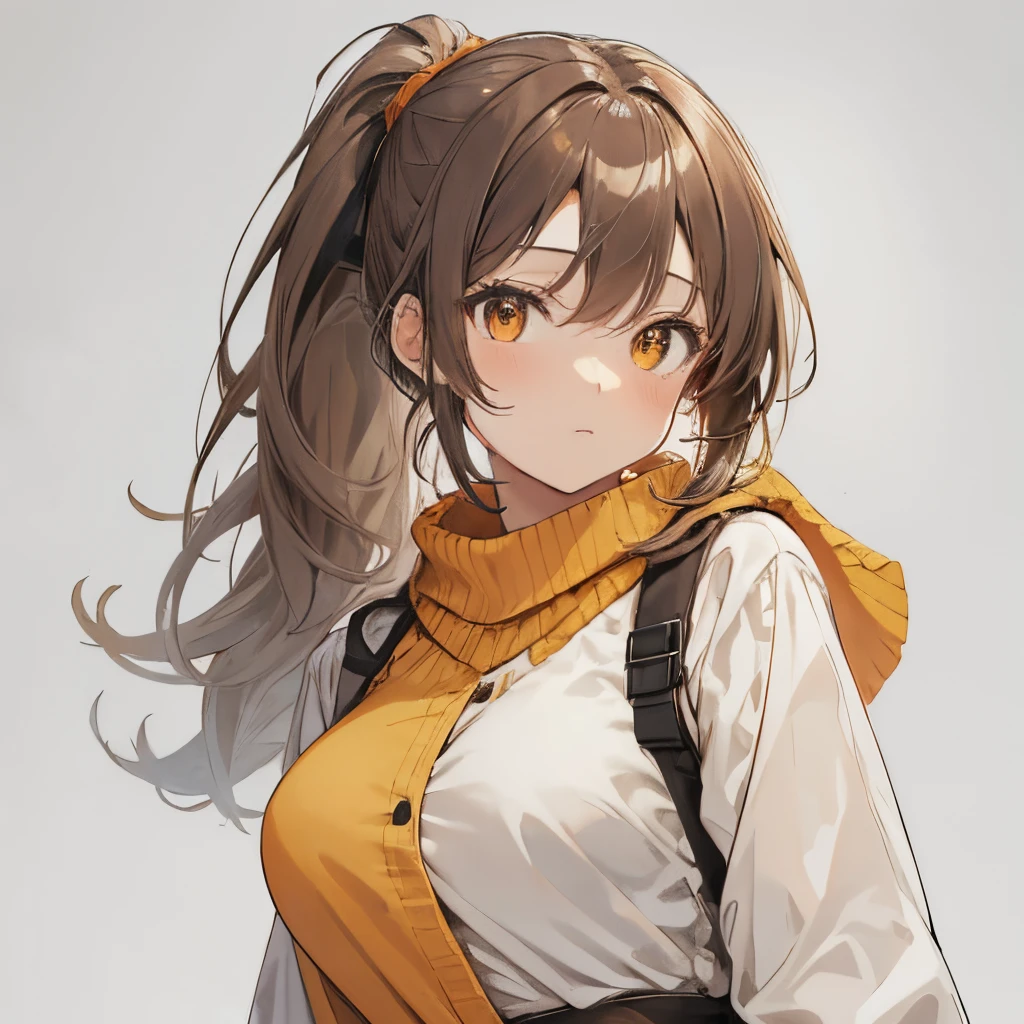 【Highest Quality, masutepiece】 [girl, Manteau, expressioness,deep orange eyes, front facing,dark brown hair,long ponytail hair,yellow knit cloth, Upper body] (Gray white background:1.2),no smile,boobs,