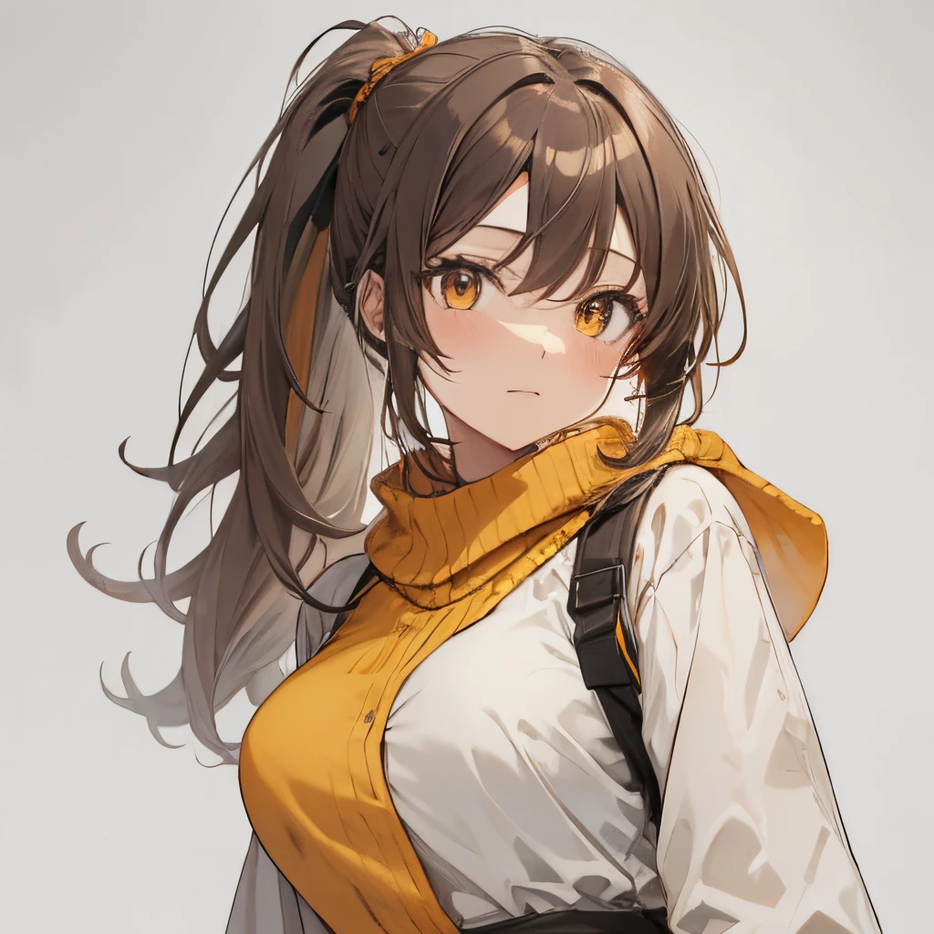 【Highest Quality, masutepiece】 [girl, Manteau, expressioness,deep orange eyes, front facing,dark brown hair,long ponytail hair,yellow knit cloth, Upper body] (Gray white background:1.2),no smile,boobs,