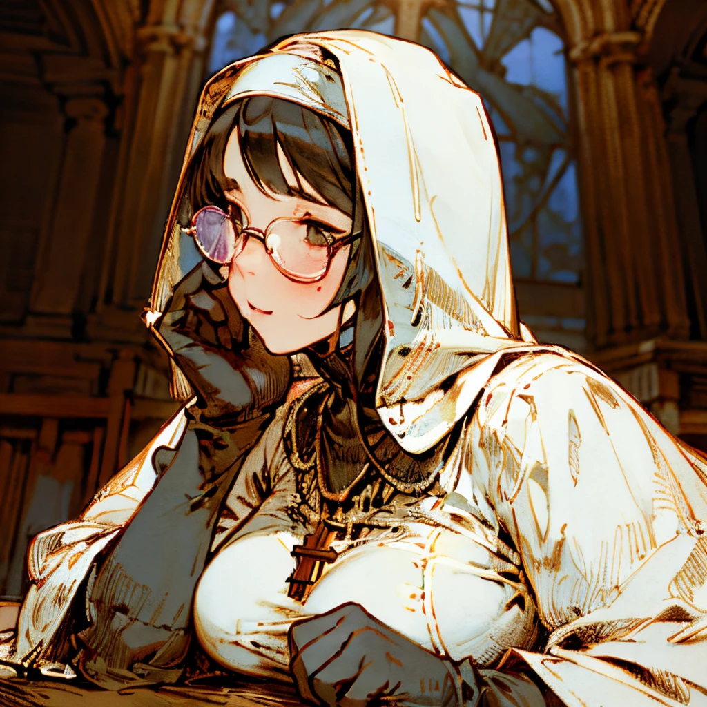 (masterpiece:1.2, best quality, absurdres, realistic, detailed face, breast focus), 1girl, nun, church, alternate hairstyle, blushed, detailed background, saggy breasts, middle-aged woman, hurt, looking at viewer, glasses, from front, necklace, plump, ripped dress, gloves, fatlips, chubby