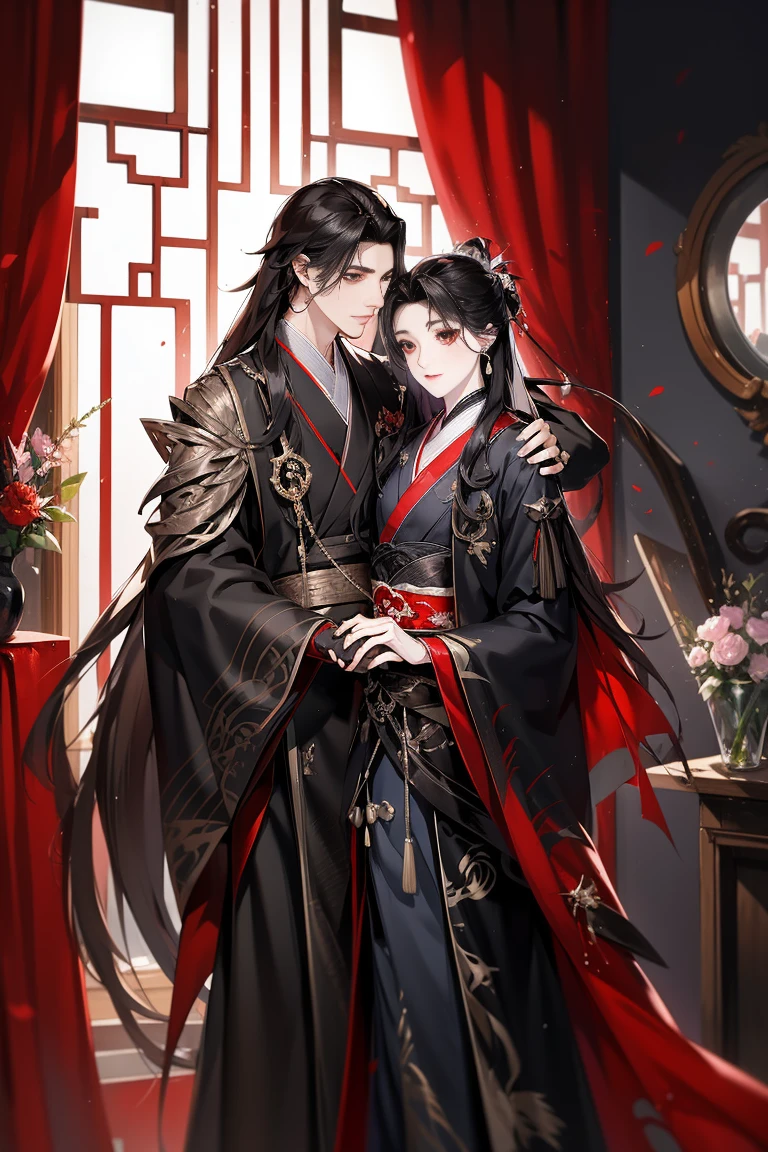 vampire man, Hanfu, Luxurious uniform black clothes，Shoulder blades，goth style（Shooting from front）hold your arm，cabelos preto e longos, red eyes，natta，asian architecture interior，Carved wooden windows，Pink gauze curtain，Best quality，16k,tmasterpiece，