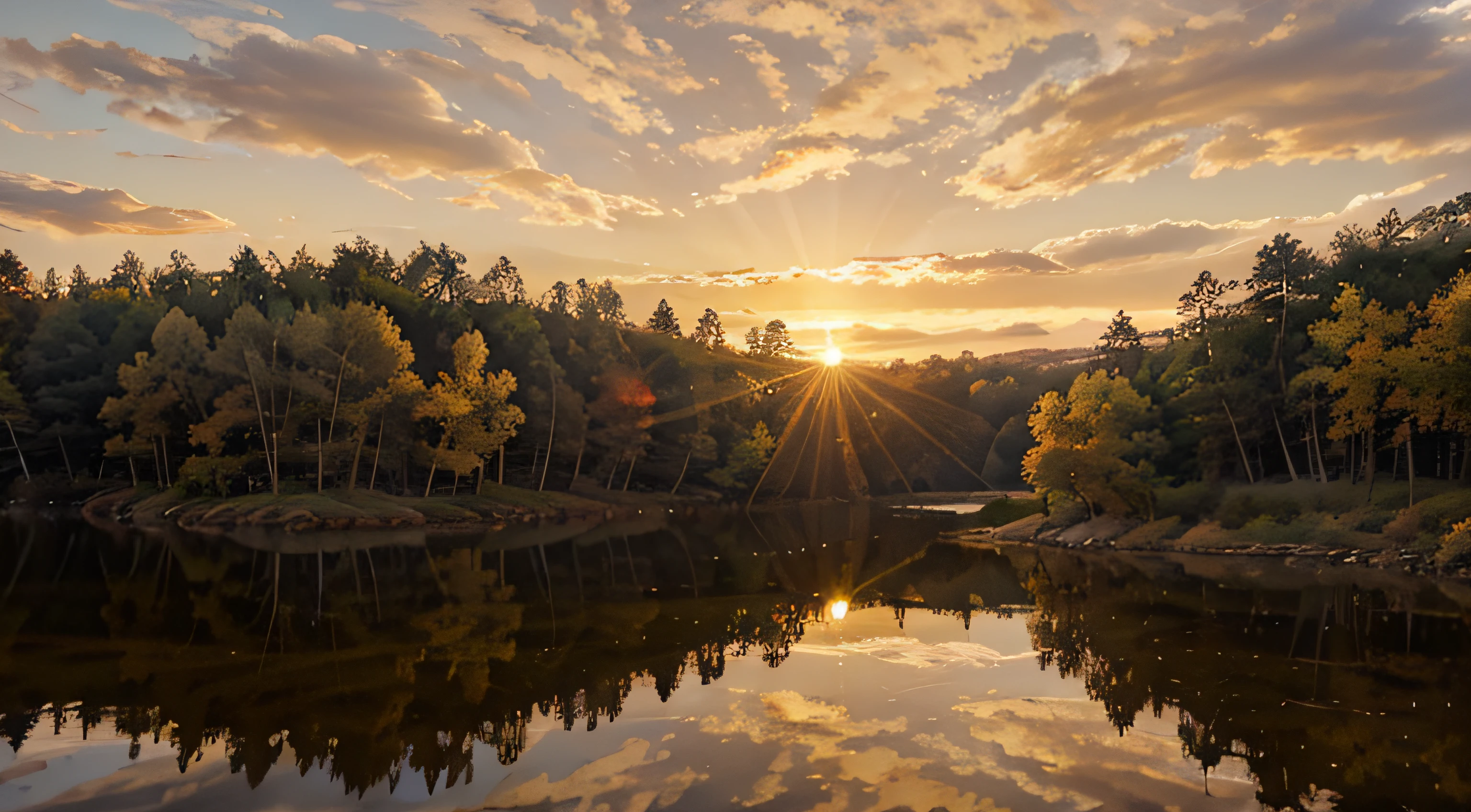 Tranquil fall sunset over reflective lake nestled by forests, Cinematic, Dramatic, Golden Hour, Landscape, Surrealist, Beautiful lighting, Winter, Sunray on the right, Dramatic sunset, Highly detailed and sharp focus, Warm and golden lighting, Soft, fluffy clouds in the sky, Landscape photography
