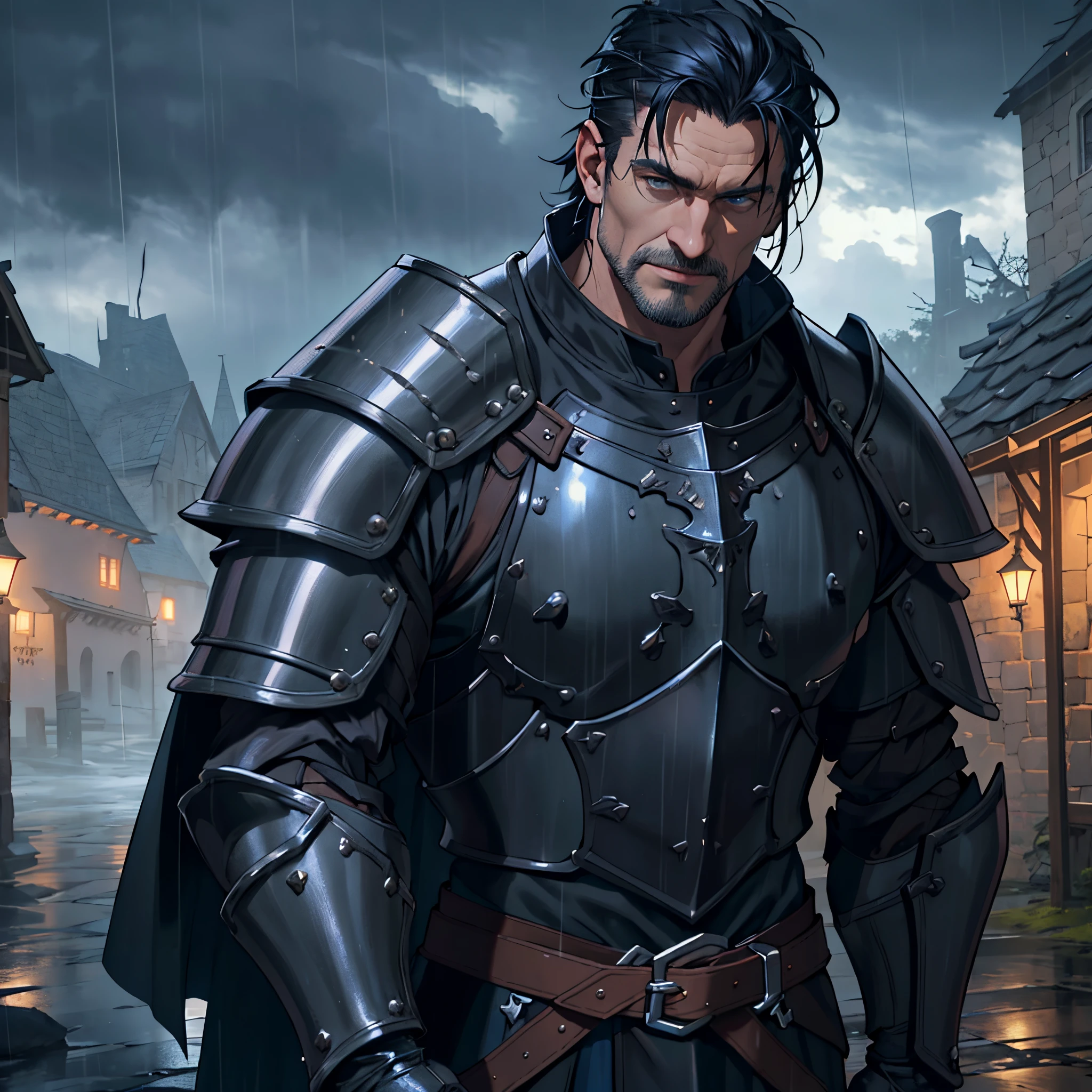 masterpiece, Best Quality, person upper body, detailed, 4k, Cinematics, Background with: Inside the illuminated medieval village in front of the medieval castle on a rainy night, dark clouds, thunderstorm, black knight in black steel armor (Middle aged man with short dark blue pomade hair), chest steel armor