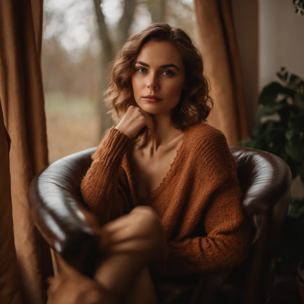 8k, RAW photo, Fujifilm, style photo of a beautiful young woman as avril sitting on a leather armchair in a cottage (highly detailed skin: 1.2) Style-Petal BREAK short hair, shoulder-length hair, caramel hair, wearing a comfy wool sweater and no panties, film granulation, 35mm, cute style