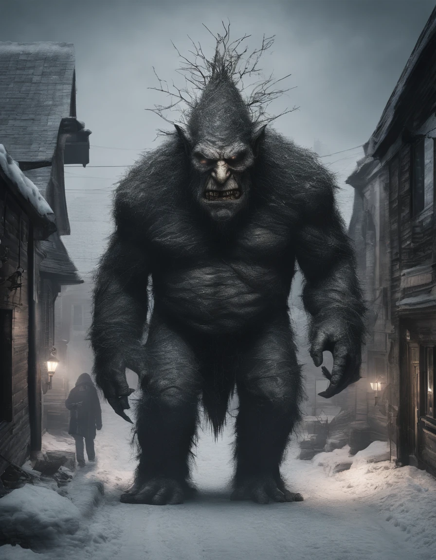 big giant troll walking through a smal town seen in birds view, its Christmas and snow. the troll has a christmastree in hand