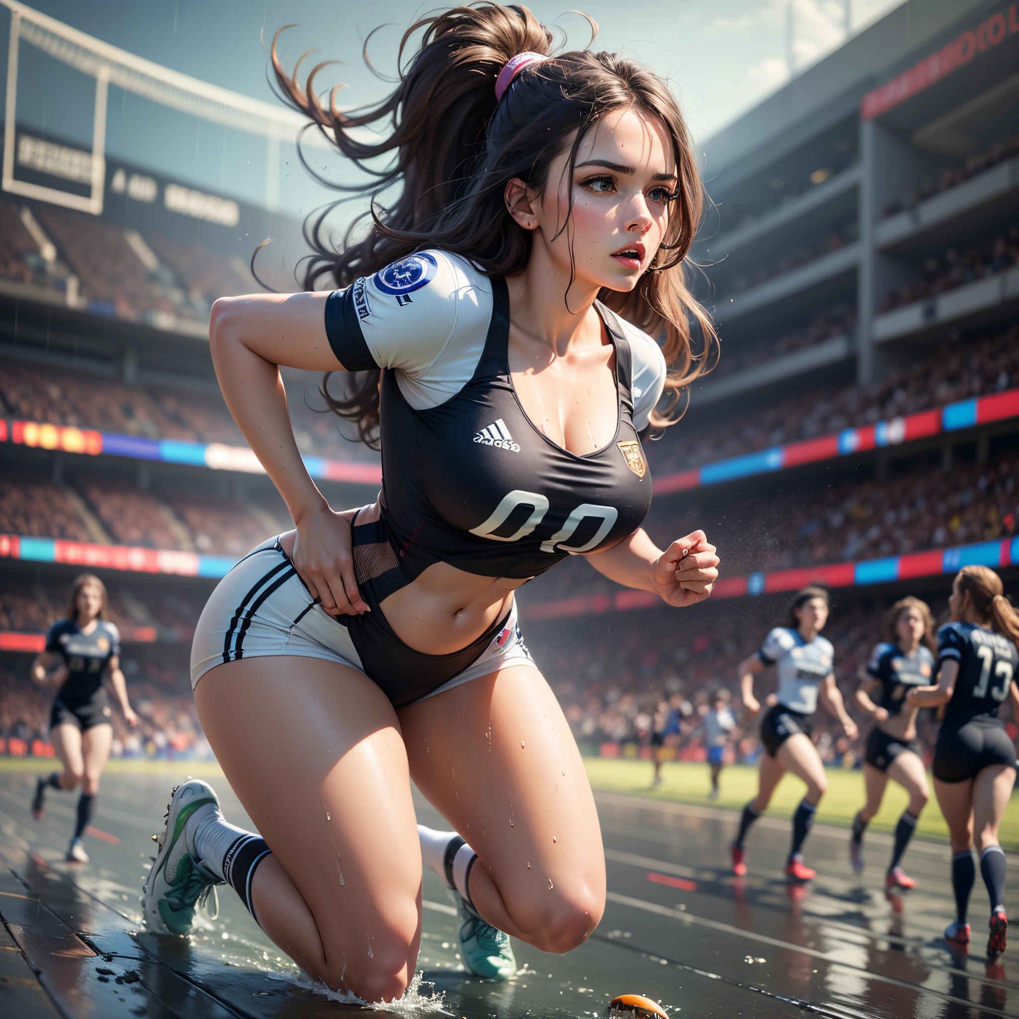 Original image quality、8K picture quality、Detailed CG images、(A high resolution, Best quality, masutepiece:1.4), (1womanl :1.3), Tall, thin legs, shiny skins, Narrow hips, Teeth on the skin, big breastes, (Wearing small lingerie with transparent suspenders:1.3), Thong panties, sweating a lot, (Above the football field:1.2), tight fit clothes, angry look, sprinting, Beautiful background,