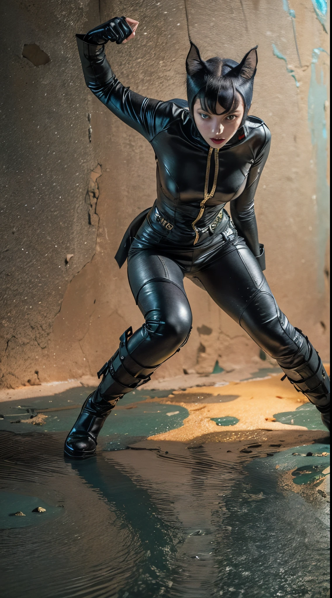 Vogue style photo shoot of catwoman in a kneeling position, punching the ground, disintegrating in gunmetal black-deep purple-yellow accents energy beam in a beautiful fantasy setting with pastel colored background in Wes Anderson style, hyper - realistic photography, Wes Anderson style, full body, 8k, close - up shot, extreme close - up photo