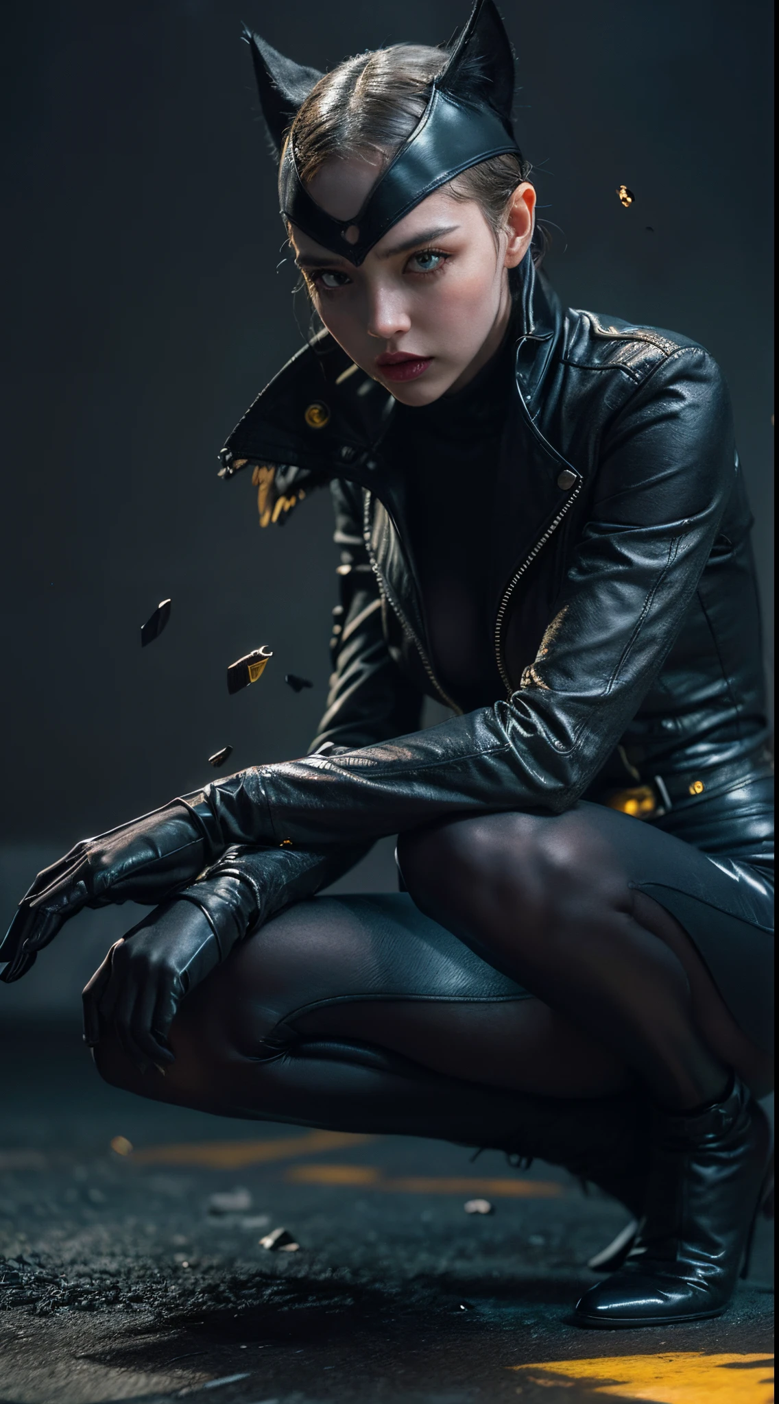 Vogue style photo shoot of catwoman in a kneeling position, punching the ground, disintegrating in gunmetal black-deep purple-yellow accents energy beam in a beautiful fantasy setting with pastel colored background in Wes Anderson style, hyper - realistic photography, Wes Anderson style, full body, 8k, close - up shot, extreme close - up photo