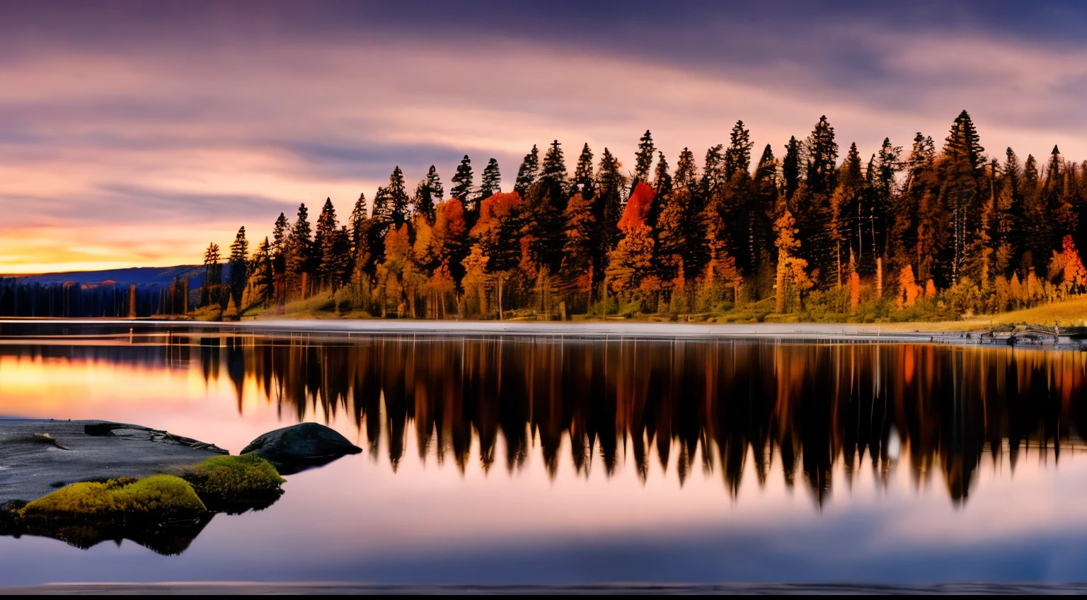 Tranquil fall sunset over reflective lake nestled by forests, Cinematic, Dramatic, Golden Hour, Landscape, Surrealist, Beautiful lighting, Winter, Sunray on the right, Dramatic sunset, Highly detailed and sharp focus, Warm and golden lighting, Soft, fluffy clouds in the sky, Landscape photography