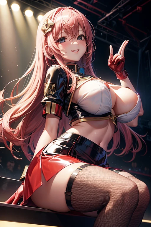 hi res, masterpiece, 8k, nsfw, (Megurine Luka | Virtual Singer), big breast, white half unbuttoned latex shirt, red latex mini skirt, black fishnet stockings, white high heels, on a stage, night, in a very sexy pose, smiling, stage illumination