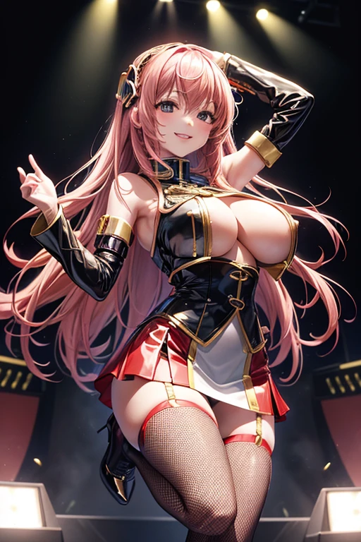 hi res, masterpiece, 8k, nsfw, (Megurine Luka | Virtual Singer), big breast, white half unbuttoned latex shirt, red latex mini skirt, black fishnet stockings, white high heels, on a stage, night, in a very sexy pose, smiling, stage illumination