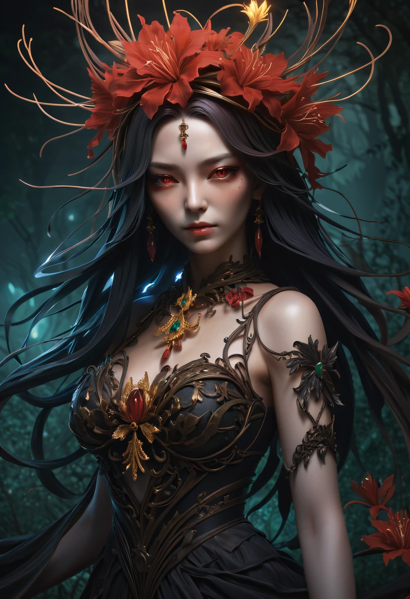 (Lycoris close-up:1.5)，Flower of the other shore is charming，Mysterious Manzhu Shahua，Bloody ghost flowers blooming at the gate of hell，Leading the soul to the afterlife，Evil charm，Flirtatious，Excellent，witch womloy iron flower，Alloy vines are woven into a magical girl,Magical girl has iron flowers on her head，heavy metal style，metal art，flower made of iron，iron leaf，Full metallic luster，Metal texture in the post-industrial era，Crafts made from twisted alloy wire，gold flowers，Iron flower，Silver flower，metal tree branch，a crystal pendant，Emerald inlay，Carefully crafted，Perfect craftsmanship，Magic lightning background，blue lightning，There are fairies，dark fantasy style art, dark flower shaman, dark fantasy concept art, bloodborne concept art, dark concept art, Bloody ghost flower, Diablo digital concept art, dark fantasy art style, Dark flowers, 🌺 Computer Graphics Association, bloodborne art, tmasterpiece，art  stations，ultra-realistic realism，plant witch，Vine Queen，Witch of Thorns，photorealistic dark concept art, Concept film, Reuven Tan，Painting of a woman weaving vines standing in front of the devil, goddess of death, author：heroes, beautiful death goddess, beautiful elegant demon queen, dark fantasy style art, portrait of death, onmyoji detailed art, Persephone as the goddess of death, beautiful necromancer, Ominous fantasy illustration