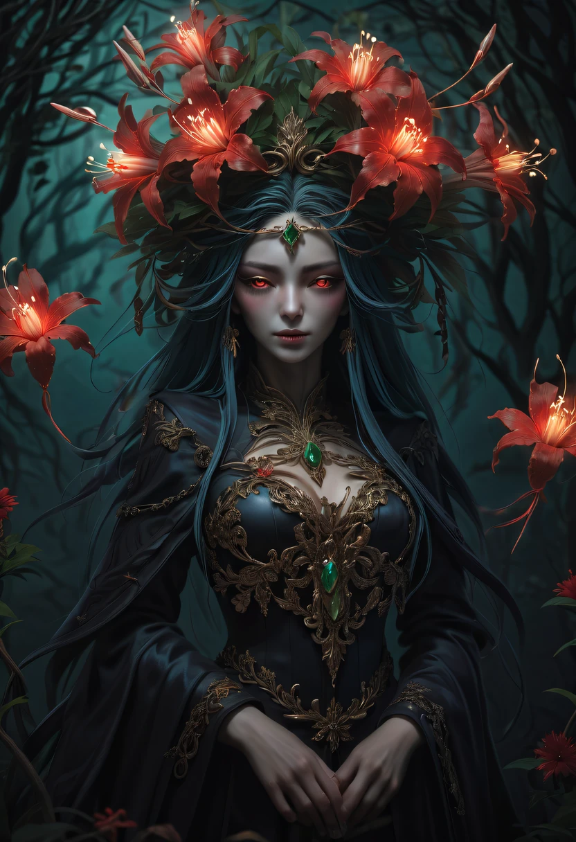 (Lycoris close-up:1.5)，Flower of the other shore is charming，Mysterious Manzhu Shahua，Bloody ghost flowers blooming at the gate of hell，Leading the soul to the afterlife，Evil charm，Flirtatious，Excellent，witch womloy iron flower，Alloy vines are woven into a magical girl,Magical girl has iron flowers on her head，heavy metal style，metal art，flower made of iron，iron leaf，Full metallic luster，Metal texture in the post-industrial era，Crafts made from twisted alloy wire，gold flowers，Iron flower，Silver flower，metal tree branch，a crystal pendant，Emerald inlay，Carefully crafted，Perfect craftsmanship，Magic lightning background，blue lightning，There are fairies，dark fantasy style art, dark flower shaman, dark fantasy concept art, bloodborne concept art, dark concept art, Bloody ghost flower, Diablo digital concept art, dark fantasy art style, Dark flowers, 🌺 Computer Graphics Association, bloodborne art, tmasterpiece，art  stations，ultra-realistic realism，plant witch，Vine Queen，Witch of Thorns，photorealistic dark concept art, Concept film, Reuven Tan，Painting of a woman weaving vines standing in front of the devil, goddess of death, author：heroes, beautiful death goddess, beautiful elegant demon queen, dark fantasy style art, portrait of death, onmyoji detailed art, Persephone as the goddess of death, beautiful necromancer, Ominous fantasy illustration