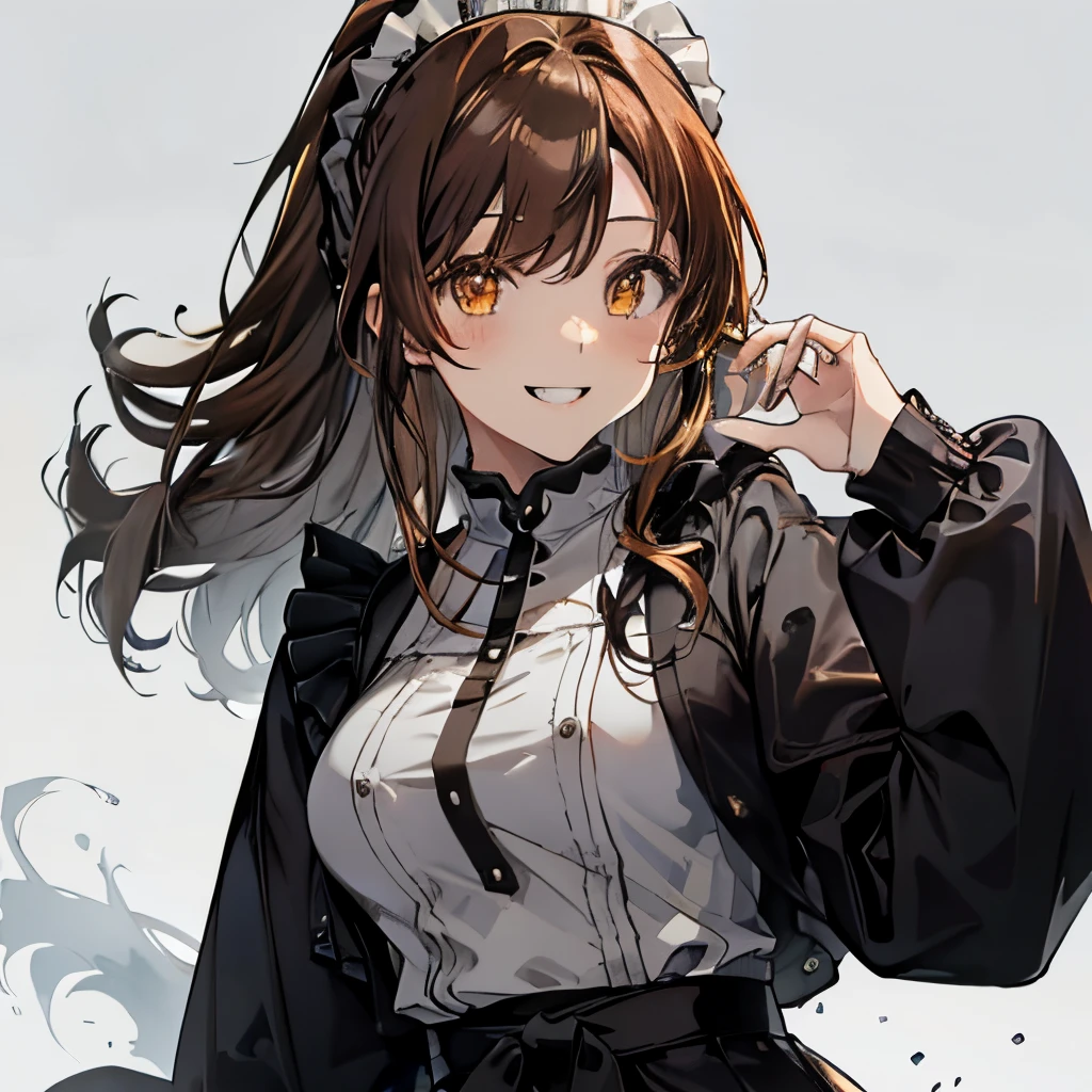 【Highest Quality, masutepiece】 [girl, Manteau, expressioness,dark orange eyes, front facing,dark brown hair,Long ponytail hair,yellow knit fabric, Upper body] (Gray white background:1.2),Very happy smile,tits out,classical Maid dress,