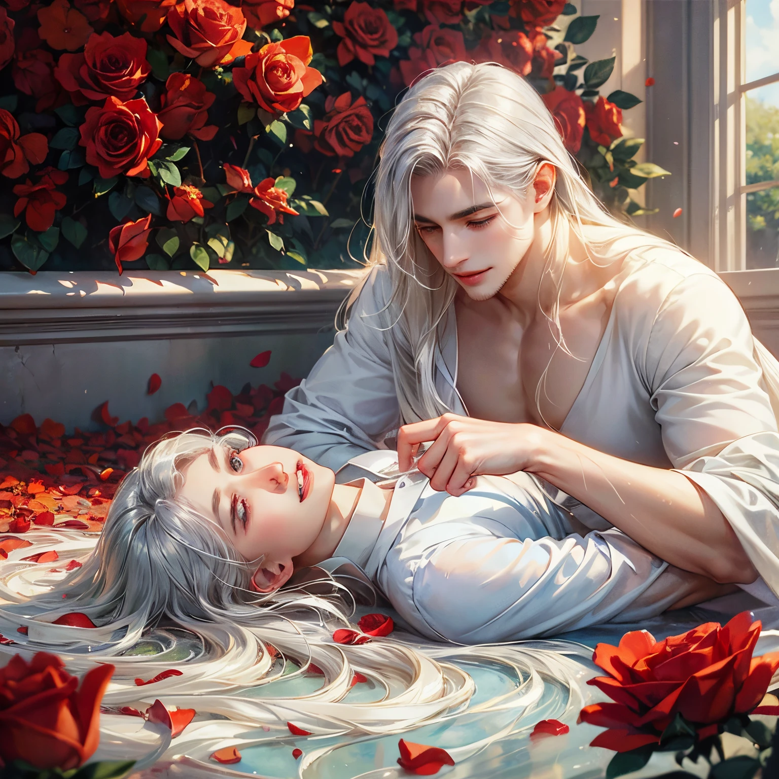 concept-art、Beautiful boy lying among red rose petals、（Beautiful neutral features)、Beardless、Lustrous skin、Crystal clear white skin、Smooth silver hair、dress shirts、Moisturized eyes、Smiling lips、Fantastical、Masterpiece、Beautiful depiction、4K