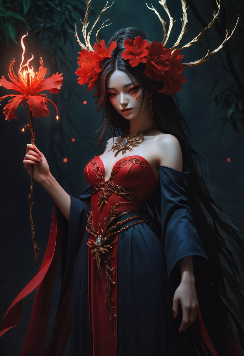 (Lycoris close-up:1.5)，Flower of the other shore is charming，Mysterious Manzhu Shahua，Bloody ghost flowers blooming at the gate of hell，Leading the soul to the afterlife，Evil charm，Flirtatious，Excellent，witch womloy iron flower，Alloy vines are woven into a magical girl,Magical girl has iron flowers on her head，heavy metal style，metal art，flower made of iron，iron leaf，Full metallic luster，Metal texture in the post-industrial era，Crafts made from twisted alloy wire，gold flowers，Iron flower，Silver flower，metal tree branch，a crystal pendant，Emerald inlay，Carefully crafted，Perfect craftsmanship，Magic lightning background，blue lightning，There are fairies，dark fantasy style art, dark flower shaman, dark fantasy concept art, bloodborne concept art, dark concept art, Bloody ghost flower, Diablo digital concept art, dark fantasy art style, Dark flowers, 🌺 Computer Graphics Association, bloodborne art, tmasterpiece，art  stations，ultra-realistic realism，plant witch，Vine Queen，Witch of Thorns，photorealistic dark concept art, Concept film, Reuven Tan，Painting of a woman weaving vines standing in front of the devil, goddess of death, author：heroes, beautiful death goddess, beautiful elegant demon queen, dark fantasy style art, portrait of death, onmyoji detailed art, Persephone as the goddess of death, beautiful necromancer, Ominous fantasy illustration
