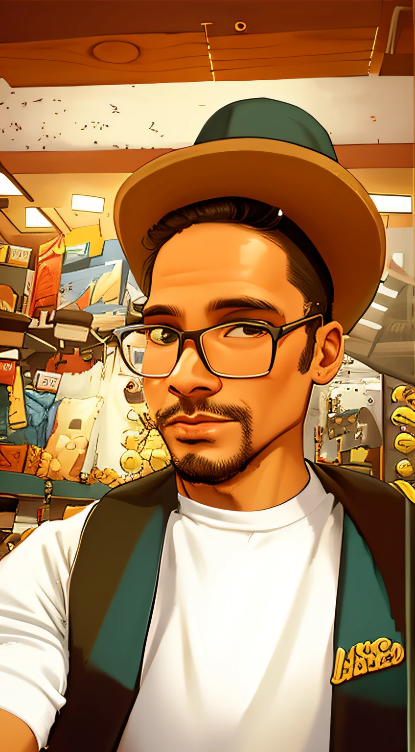 There's a man wearing a hat and glasses in a shop , retrato de alta qualidade, with a weird hat