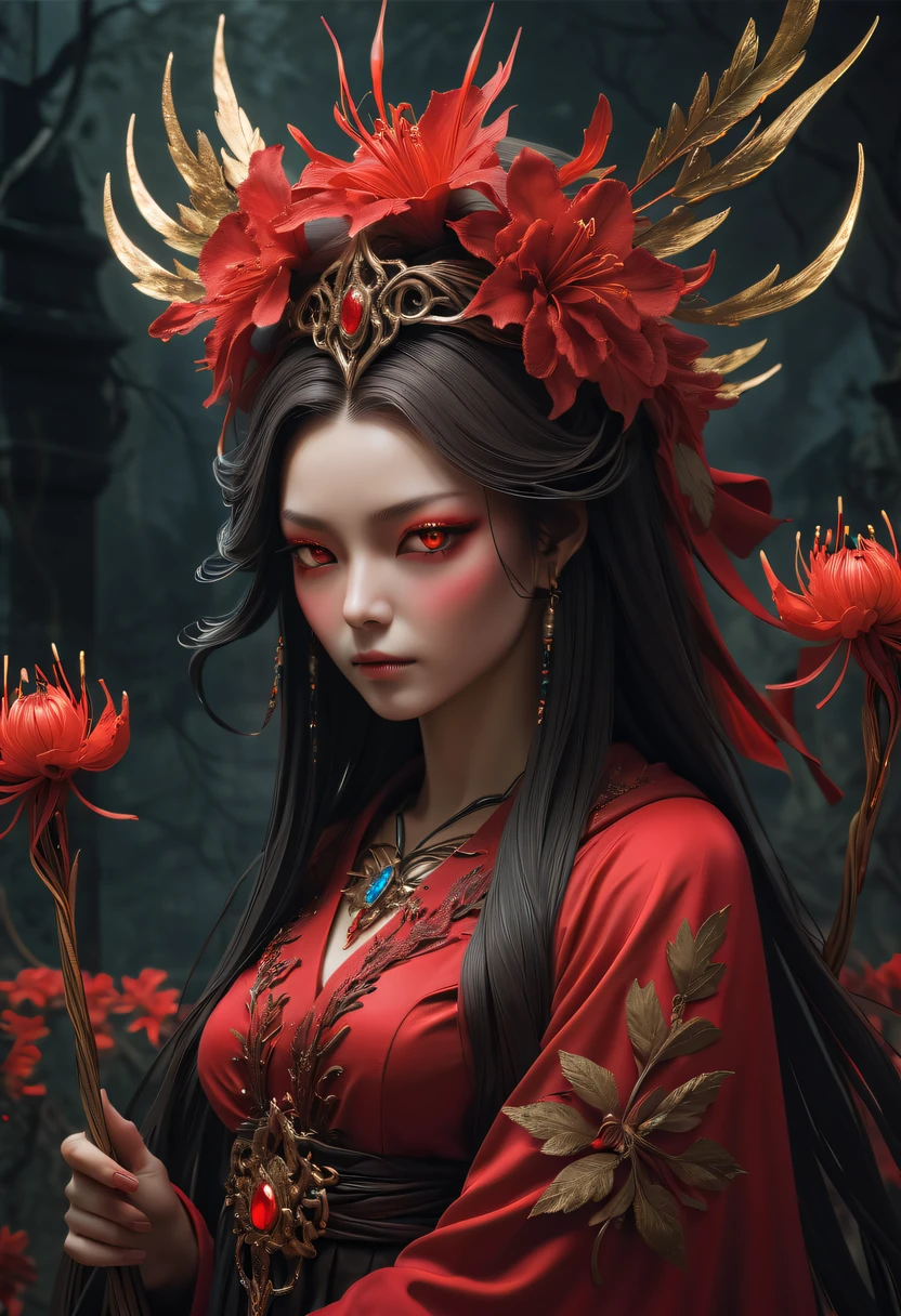 (Lycoris close-up:1.5)，Flower of the other shore is charming，Mysterious Manzhu Shahua，Bloody ghost flowers blooming at the gate of hell，Leading the soul to the afterlife，Evil charm，Flirtatious，Excellent，witch womloy iron flower，Alloy vines are woven into a magical girl,Magical girl has iron flowers on her head，heavy metal style，metal art，flower made of iron，iron leaf，Full metallic luster，Metal texture in the post-industrial era，Crafts made from twisted alloy wire，gold flowers，Iron flower，Silver flower，metal tree branch，a crystal pendant，Emerald inlay，Carefully crafted，Perfect craftsmanship，Magic lightning background，blue lightning，There are fairies，dark fantasy style art, dark flower shaman, dark fantasy concept art, bloodborne concept art, dark concept art, Bloody ghost flower, Diablo digital concept art, dark fantasy art style, Dark flowers, 🌺 Computer Graphics Association, bloodborne art, tmasterpiece，art  stations，ultra-realistic realism，plant witch，Vine Queen，Witch of Thorns，photorealistic dark concept art, Concept film, Reuven Tan，Painting of a woman weaving vines standing in front of the devil, goddess of death, author：heroes, beautiful death goddess, beautiful elegant demon queen, dark fantasy style art, portrait of death, onmyoji detailed art, Persephone as the goddess of death, beautiful necromancer, Ominous fantasy illustration