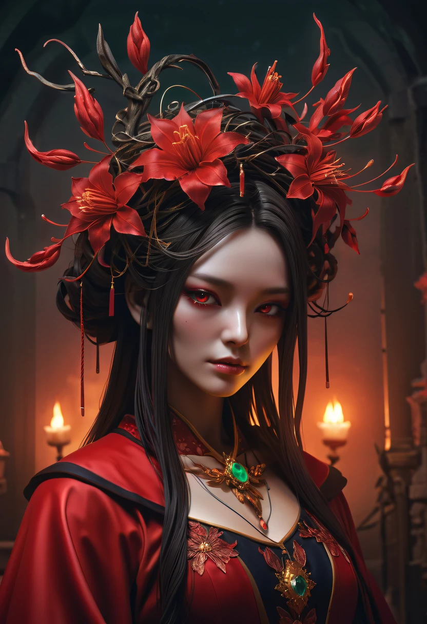 (Lycoris close-up:1.5),Flower of the other shore is charming,Mysterious Manzhu Shahua,Bloody ghost flowers blooming at the gate of hell,Leading the soul to the afterlife,Evil charm,Flirtatious,Excellent,witch womloy iron flower,Alloy vines are woven into a magical girl,Magical girl has iron flowers on her head,heavy metal style,metal art,flower made of iron,iron leaf,Full metallic luster,Metal texture in the post-industrial era,Crafts made from twisted alloy wire,gold flowers,Iron flower,Silver flower,metal tree branch,a crystal pendant,Emerald inlay,Carefully crafted,Perfect craftsmanship,Magic lightning background,blue lightning,There are fairies,dark fantasy style art, dark flower shaman, dark fantasy concept art, bloodborne concept art, dark concept art, Bloody ghost flower, Diablo digital concept art, dark fantasy art style, Dark flowers, 🌺 Computer Graphics Association, bloodborne art, tmasterpiece,art stations,ultra-realistic realism,plant witch,Vine Queen,Witch of Thorns,photorealistic dark concept art, Concept film, Reuven Tan,Painting of a woman in red robe standing in front of the devil, goddess of death, author:heroes, beautiful male god of death, beautiful elegant demon queen, dark fantasy style art, portrait of death, onmyoji detailed art, Persephone as the goddess of death, beautiful necromancer, Ominous fantasy illustration
