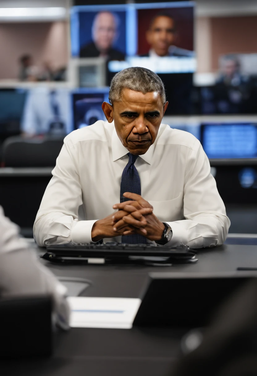 A photo of the president participating in a cybersecurity briefing,original,Barack Obama, male