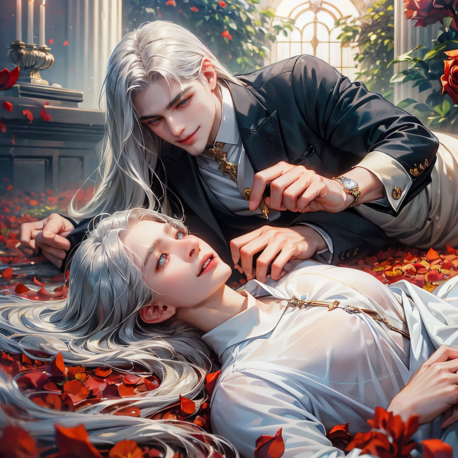 concept-art、Beautiful boy lying among red rose petals、（Beautiful neutral features)、Beardless、Lustrous skin、Crystal clear white skin、Smooth silver hair、dress shirts、Moisturized eyes、Smiling lips、Fantastical、Masterpiece、Beautiful depiction、4K